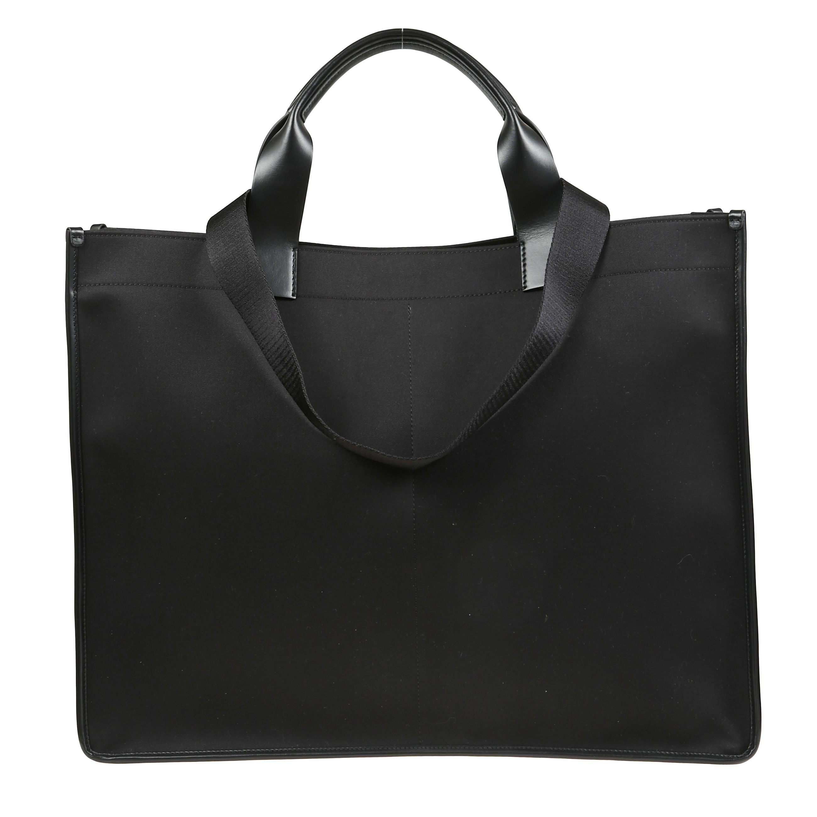 Borsa shopping cabas in tessuto con profilature in pelle arricchita da applicazione logata sulla parte frontale, interno sfoderato con cinque tasche a fessura