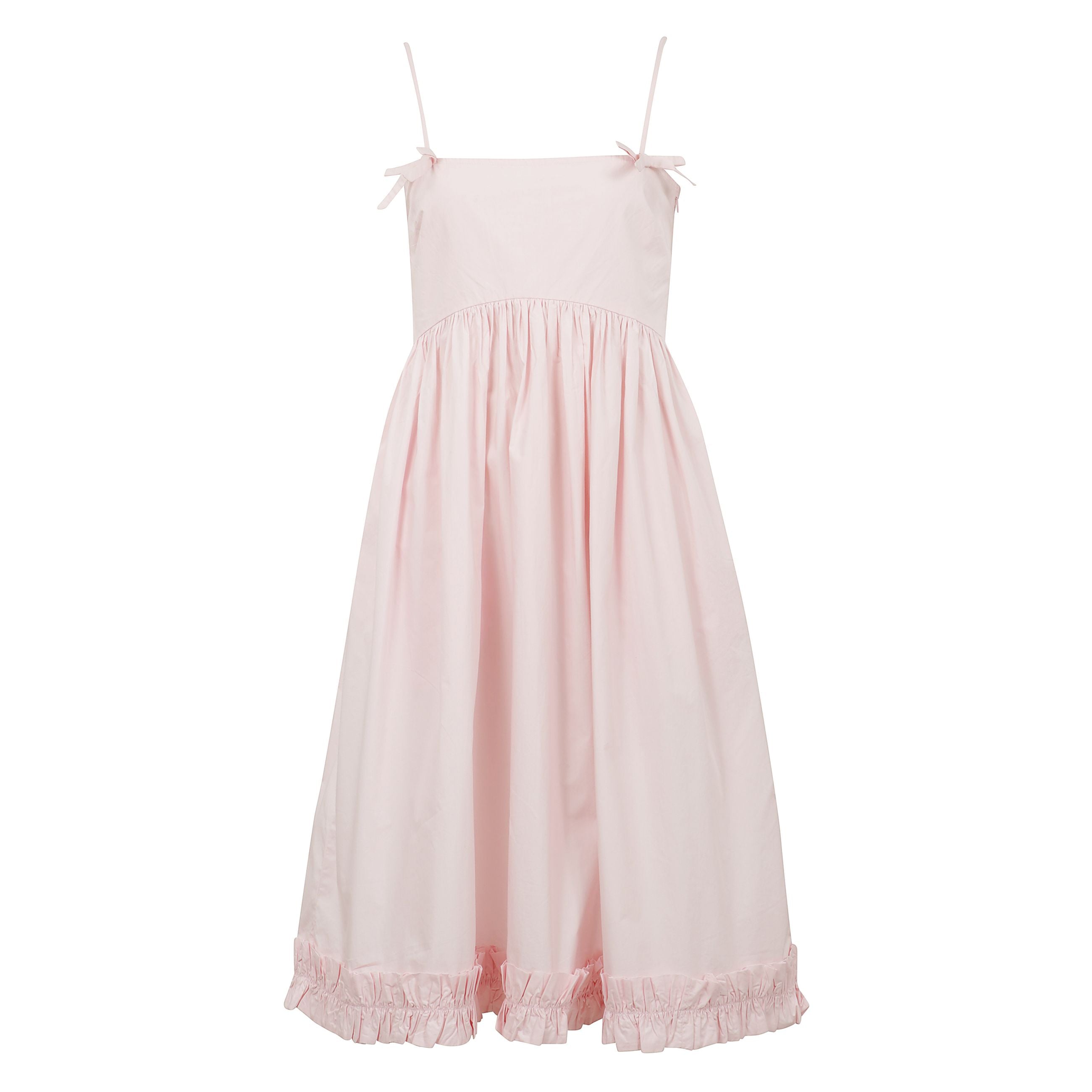 Abito con scollatura quadrata, spalline sottili con fiocco dettagli, un corpetto arricciato e orlo a volant