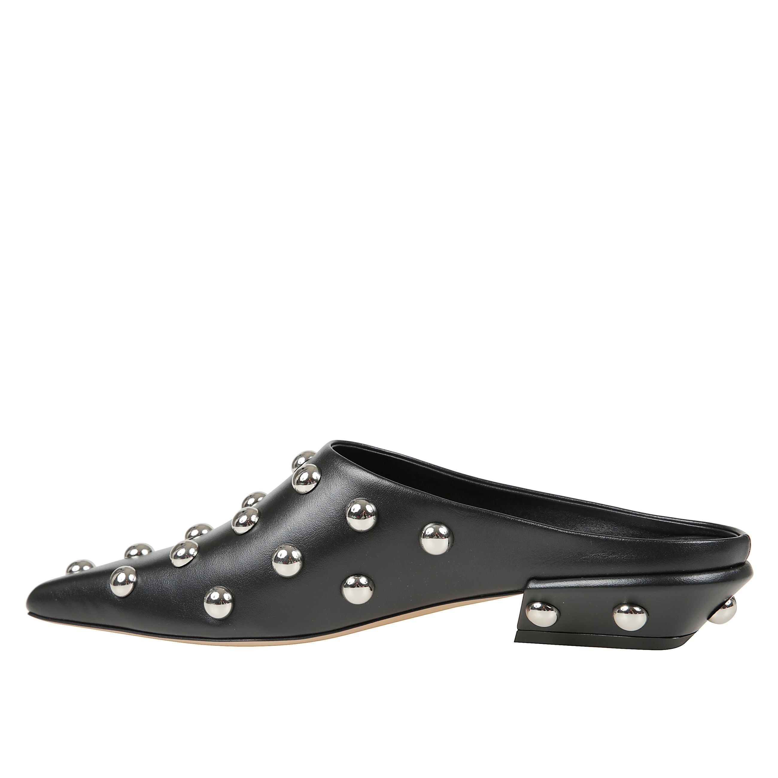 Belle sabot 25 in pelle nera con punta quadrata, suola in cuoio e borchie in argento