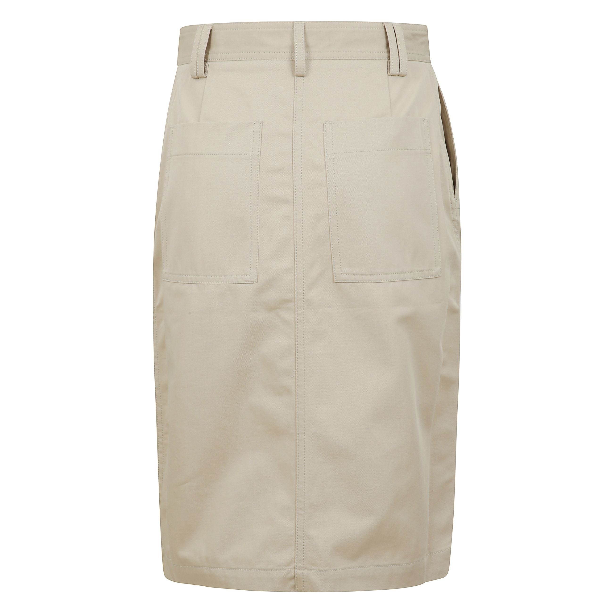 Gonna anine bing modello zaire in twill di cotone leggero color avena. presenta un orlo lungo al ginocchio, tasche laterali, due tasche applicate sul retro, passanti per cintura e bottoni a vista. modello a vita alta.