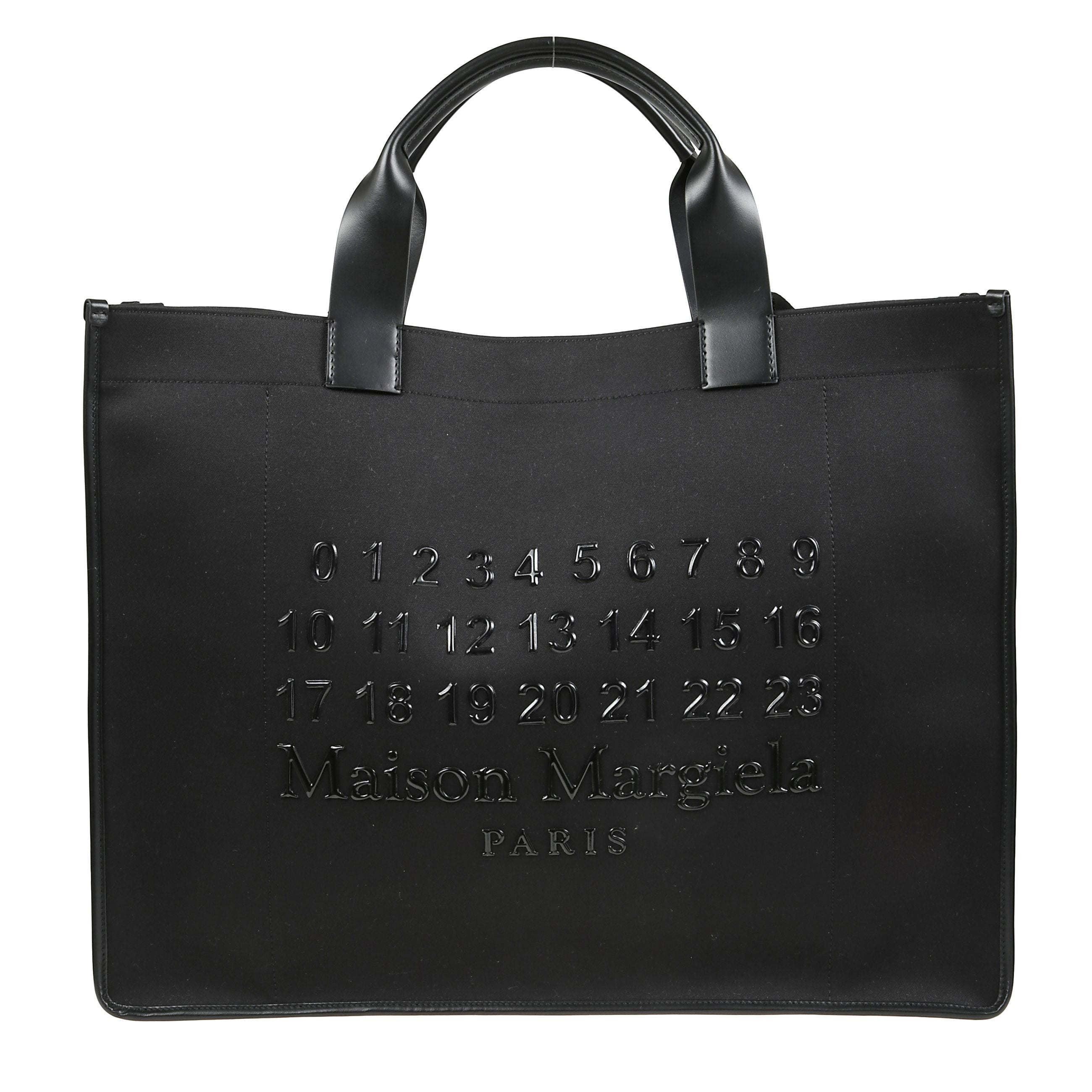 Borsa shopping cabas in tessuto con profilature in pelle arricchita da applicazione logata sulla parte frontale, interno sfoderato con cinque tasche a fessura