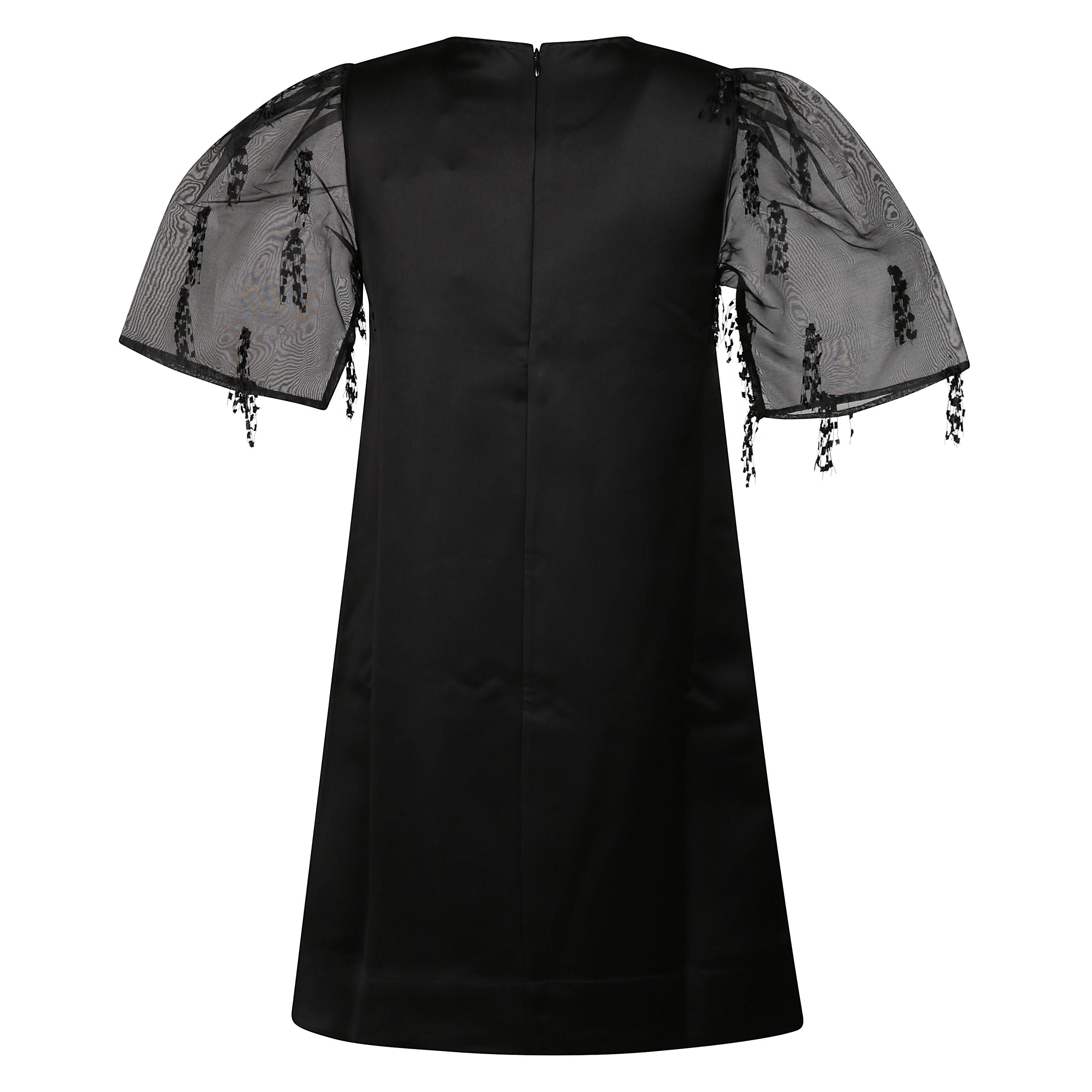 Mini abito corto nero con frange in raso e
maniche in organza