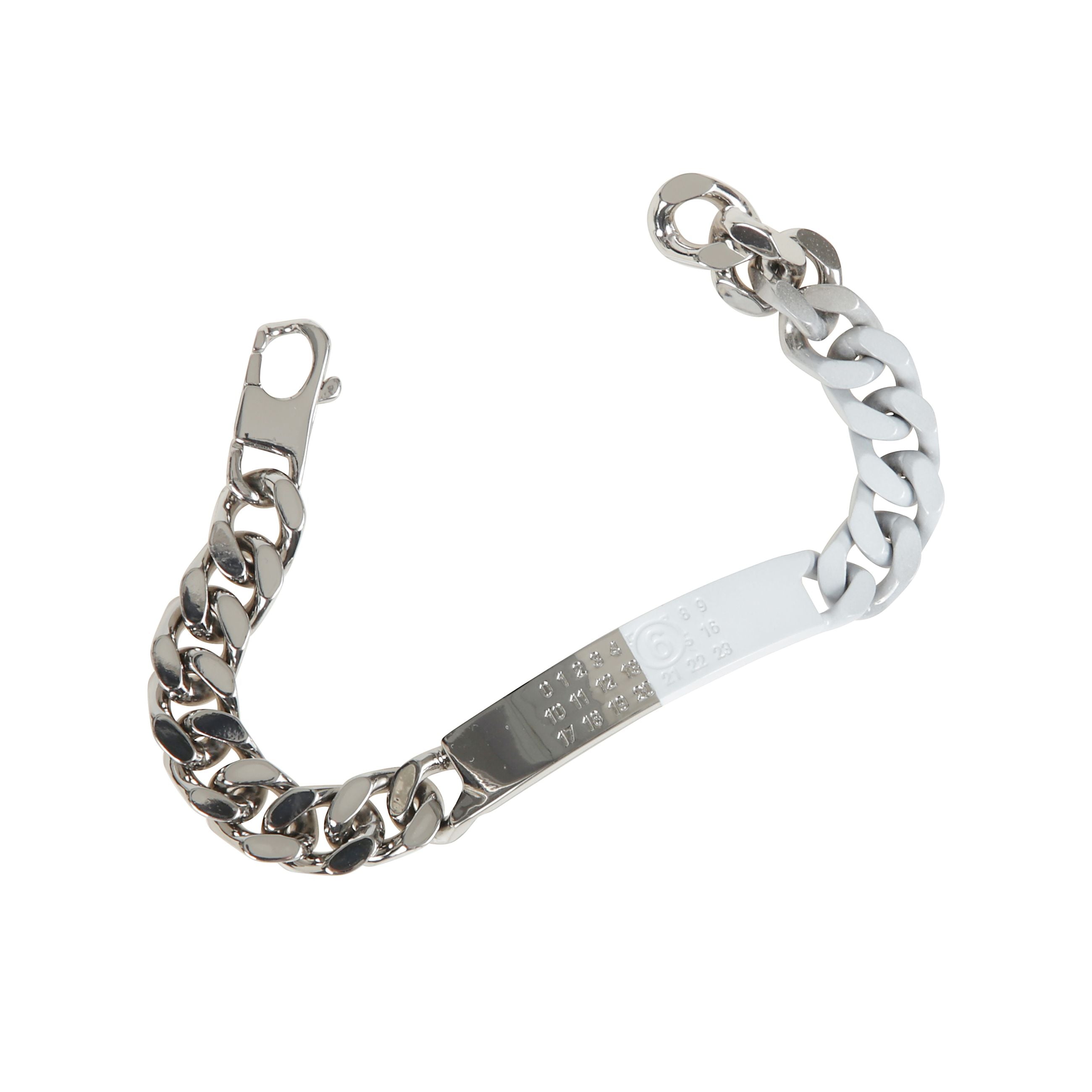 Bracciale minimal logo id tag color argento con chiusura a moschettone, catena barbazzale e caratteristica grafica numerica