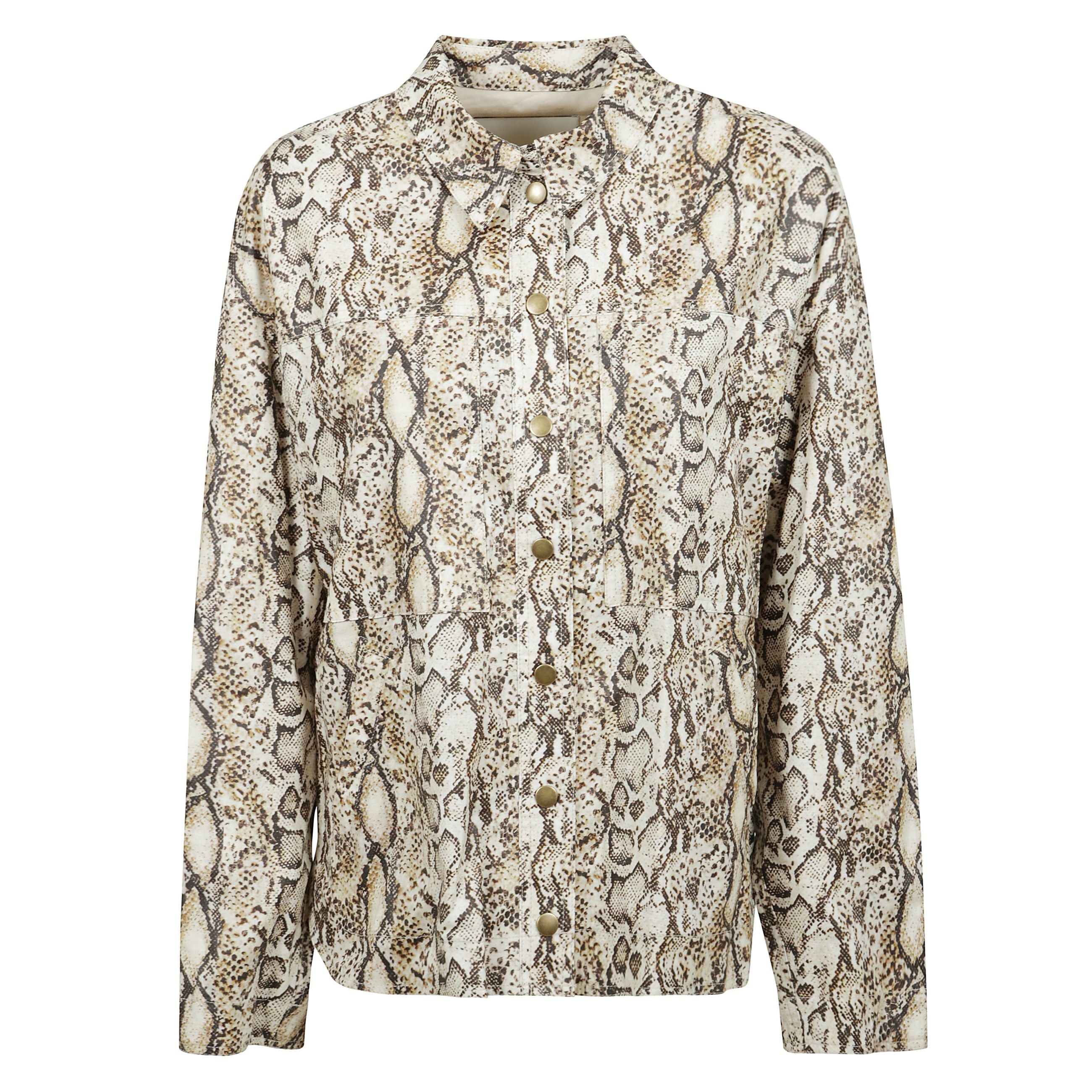 Giacca stile camicia florania  in lino spalmato con un classico colletto a camicia e maniche lunghe con dettagli a linguetta. presenta una chiusura frontale con bottoni a pressione, tasche applicate sul petto e tasche laterali a filetto impreziosite da ri