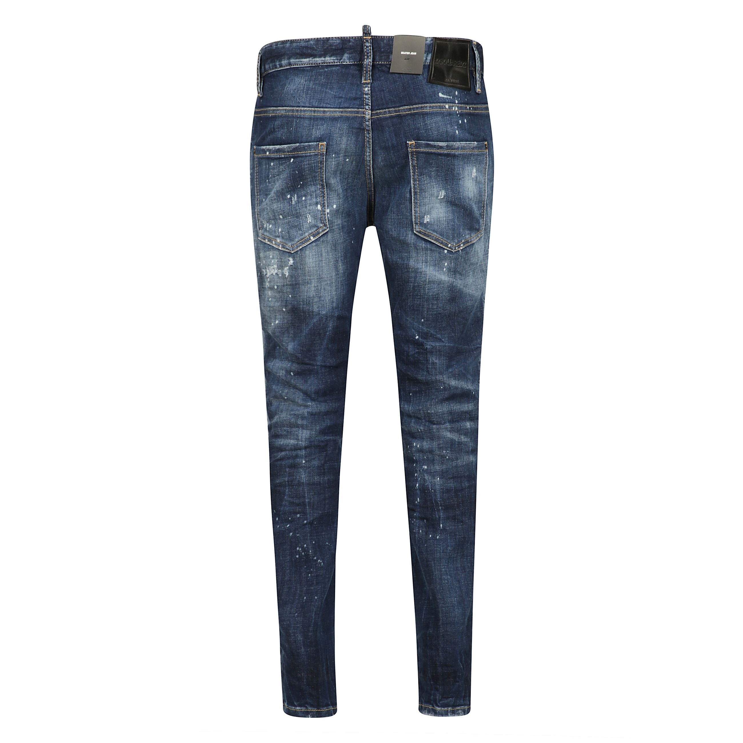 Jeans denim stretch a cinque tasche con con schizzi di pittura sul davanti e sul retro e patch logo a contrasto davanti.