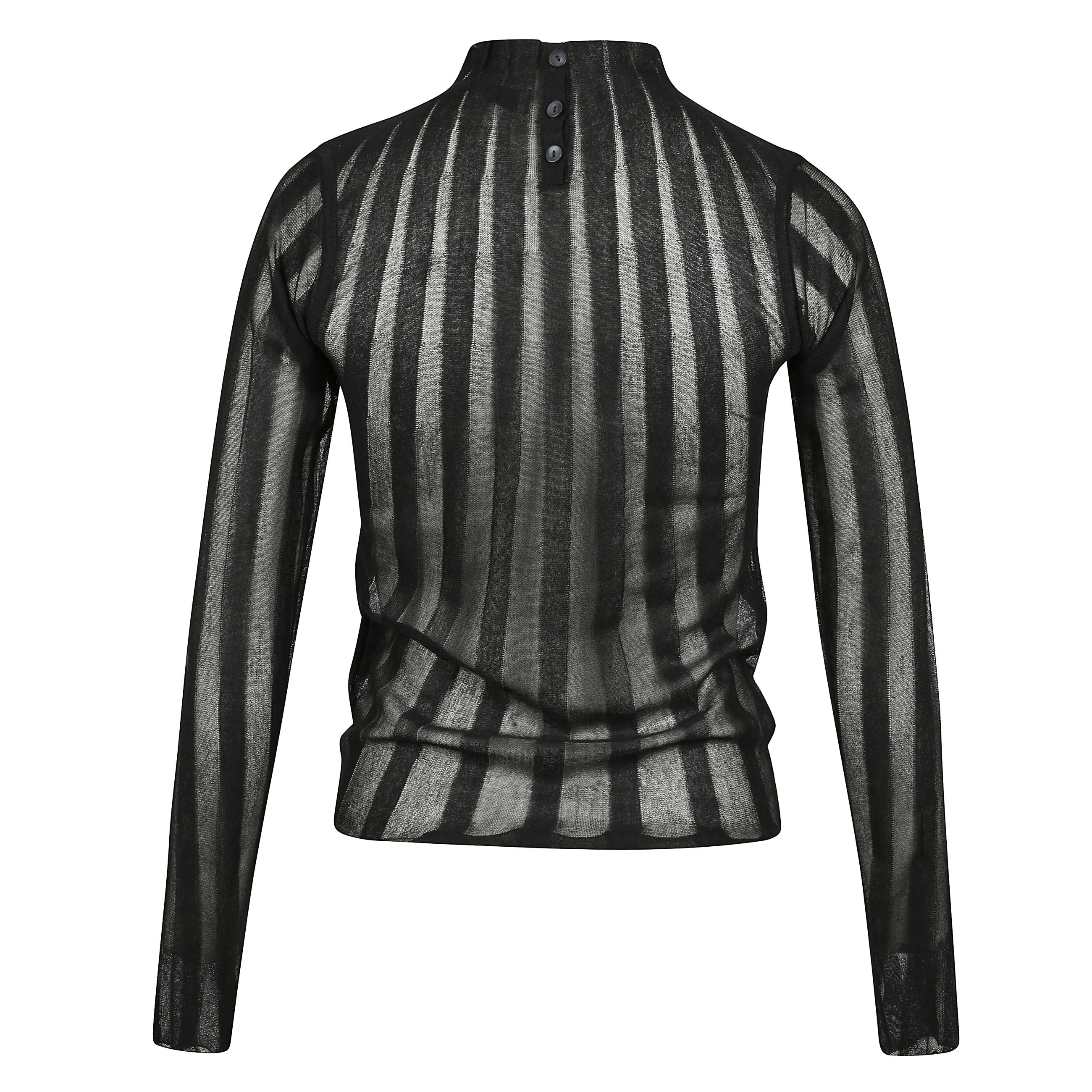 T-shirt a maniche lunghe semi-trasparente, falsatura con abbottonatura, collo a lupetto e orlo a taglio vivo