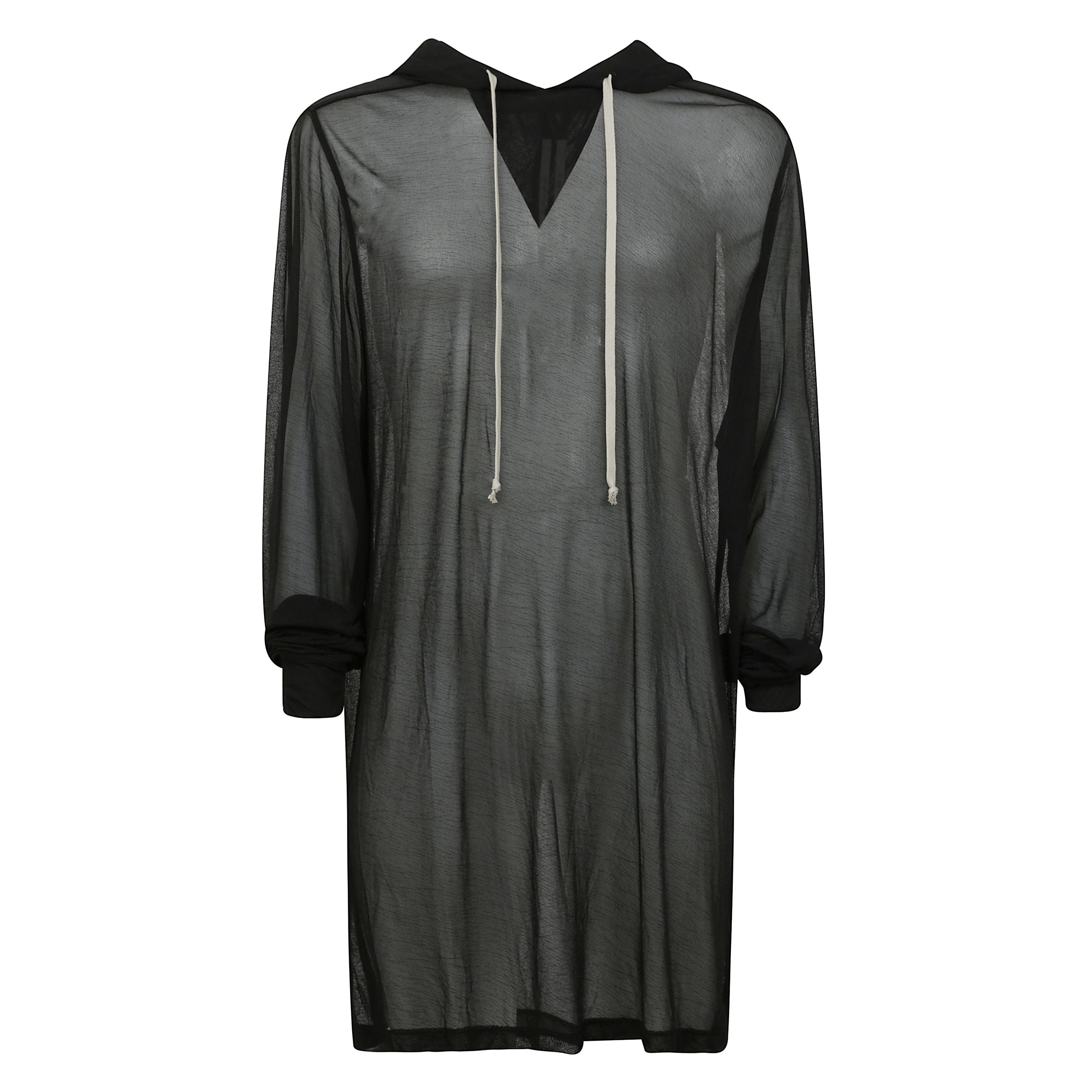 Felpa semitrasparente stretch in cupro jersey a maniche lunghe, dispone di un cordoncino al cappuccio, polsini a costine e vita. ha cuciture sulle spalle che scorre lungo la spina dorsale.