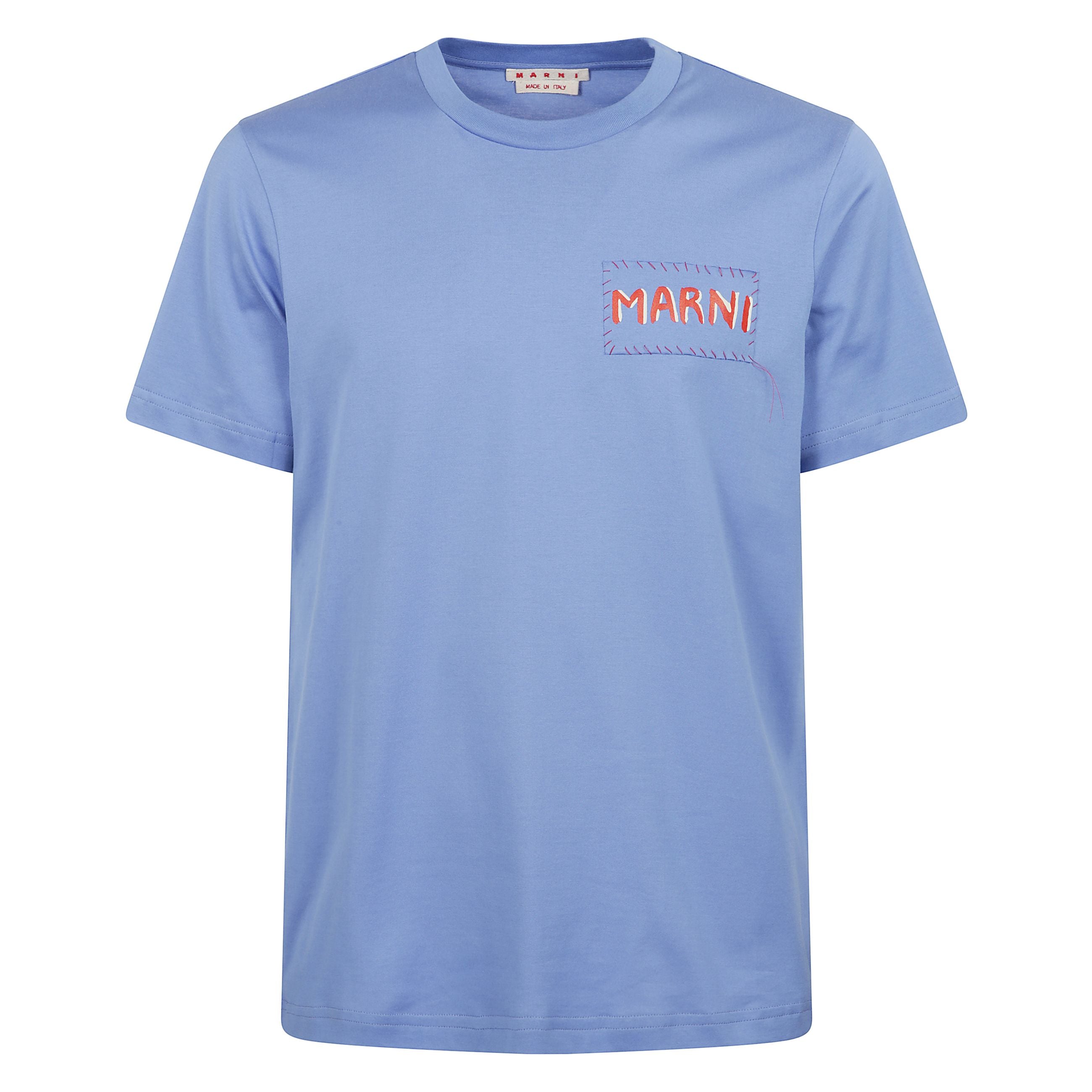T-shirt a girocollo blu con applicazione logo sul petto