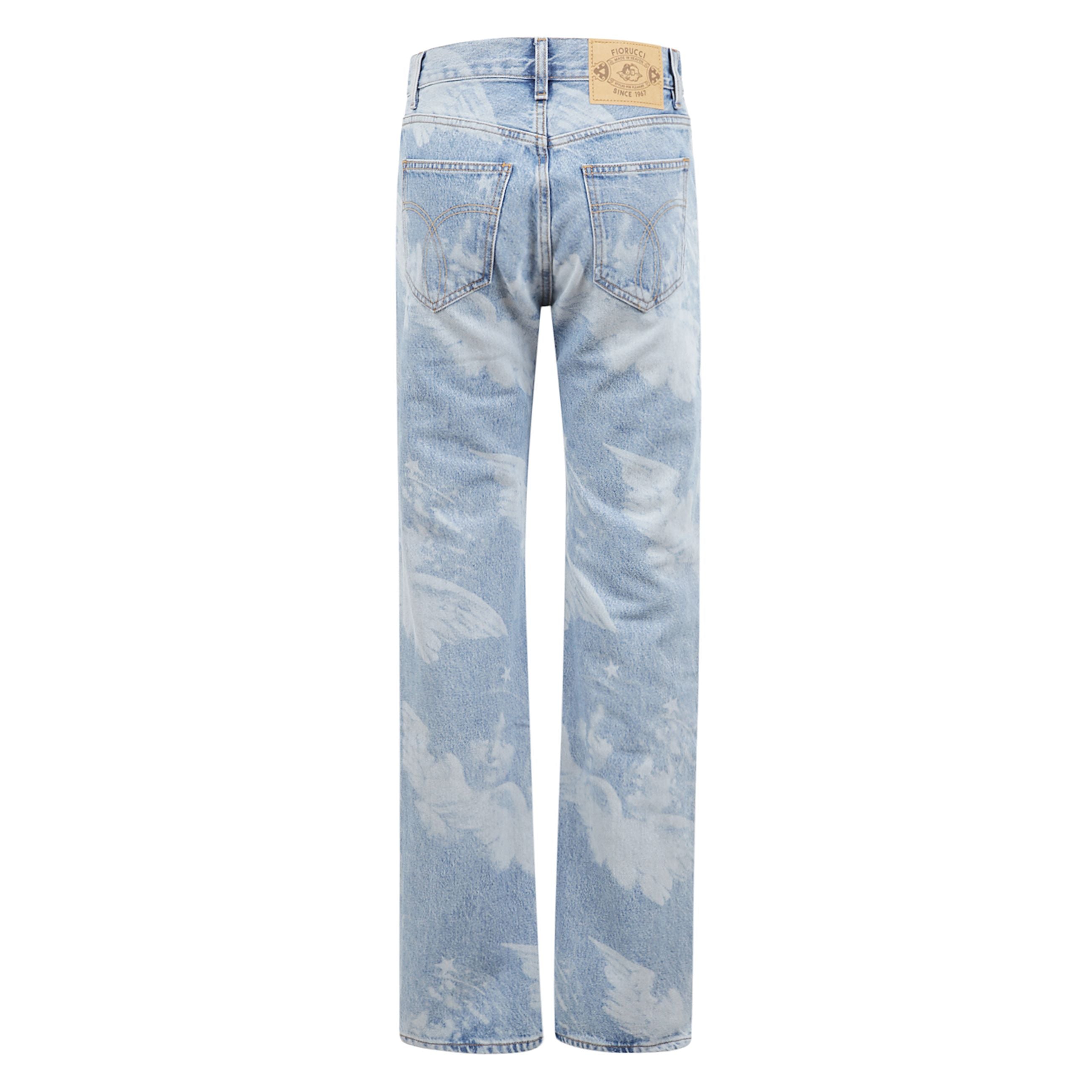 Jeans a vita alta e taglio dritto in denim sbiadito. chiusura con zip e bottone. tasche laterali a filetto davanti e sul retro.