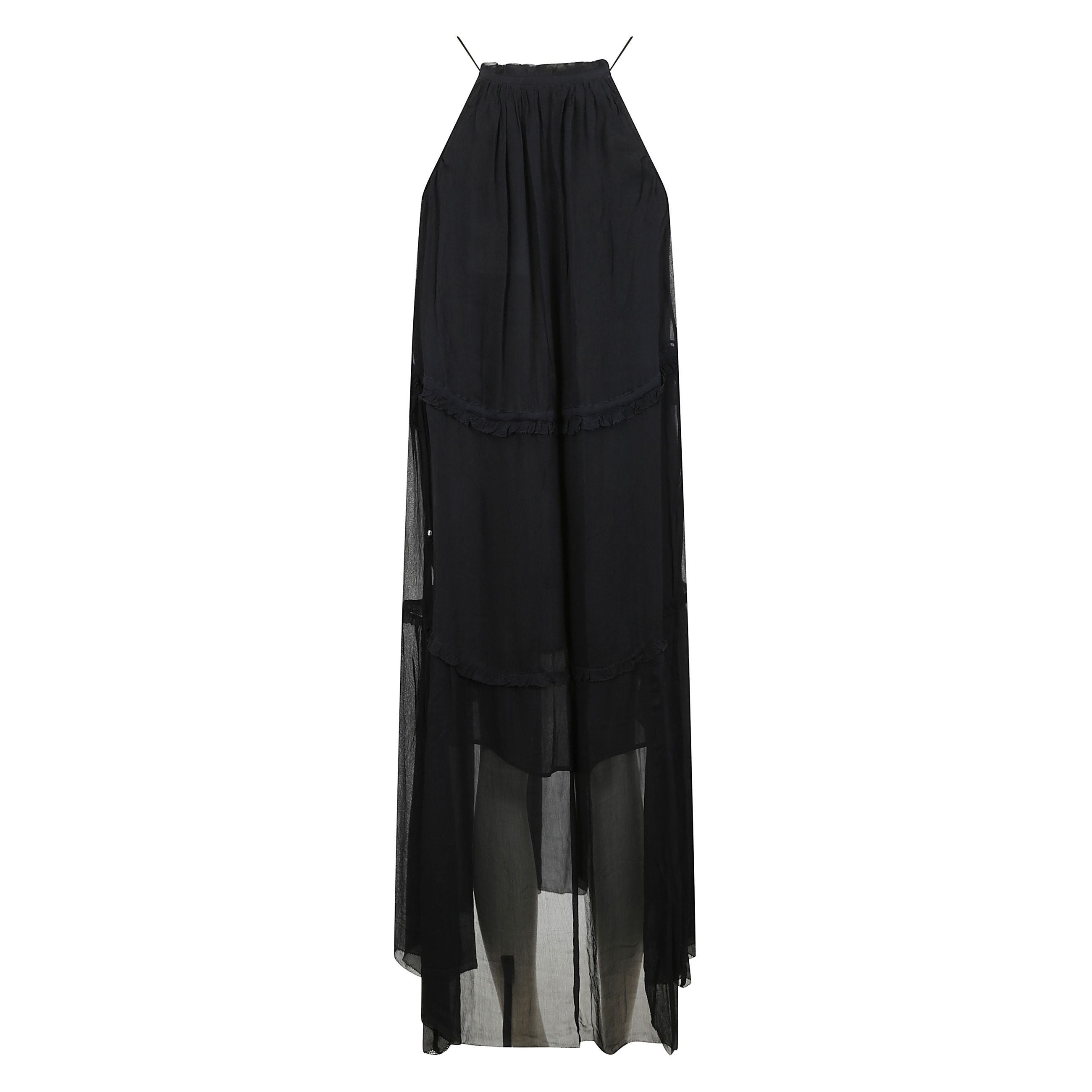 Abito alita lungo con scollo a goccia, colletto con coulisse, vita elasticizzata, rifinitura con ruches e fodera parziale