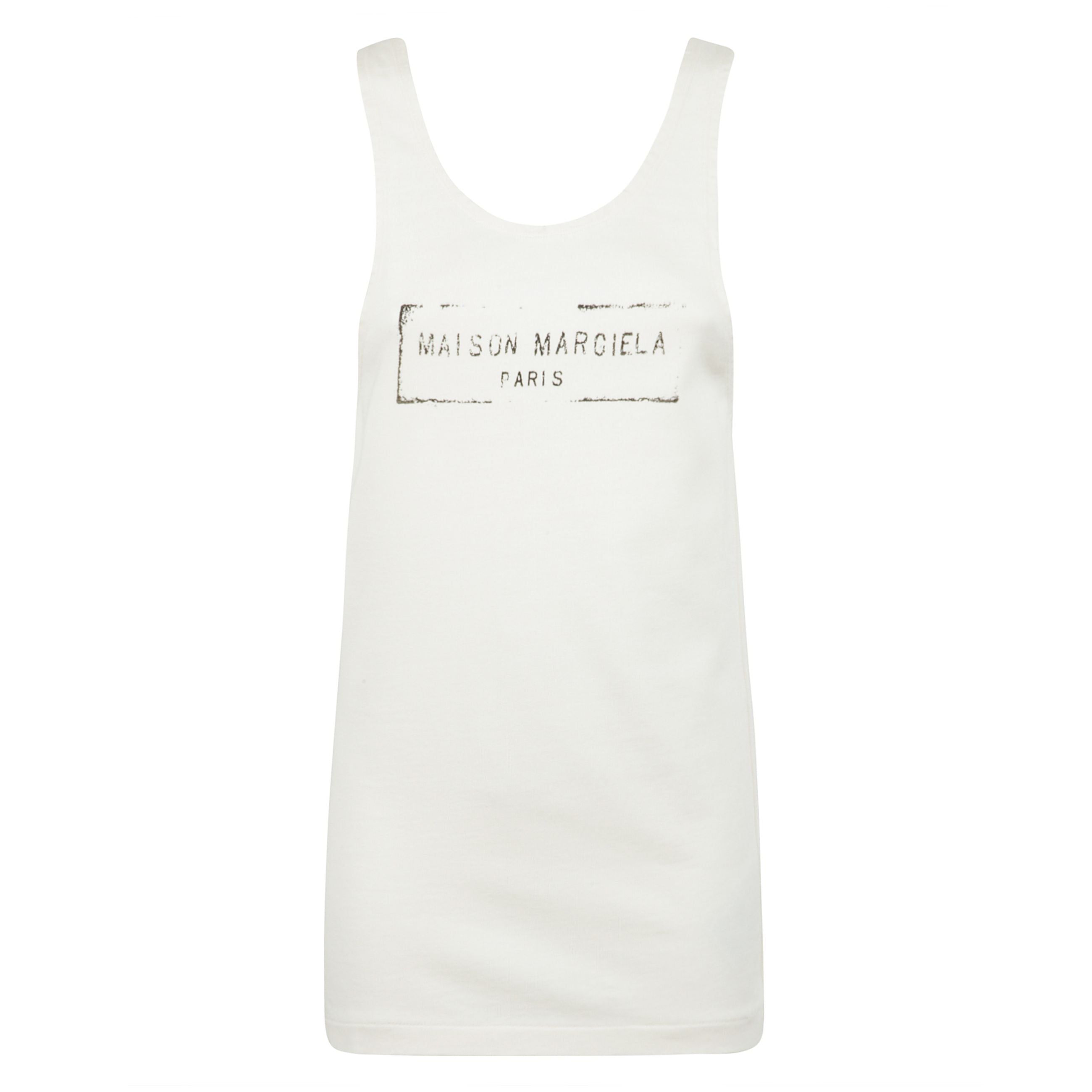 Canotta in cotone con stampa logo timbro sul petto e spacco tagliato a vivo laterale.