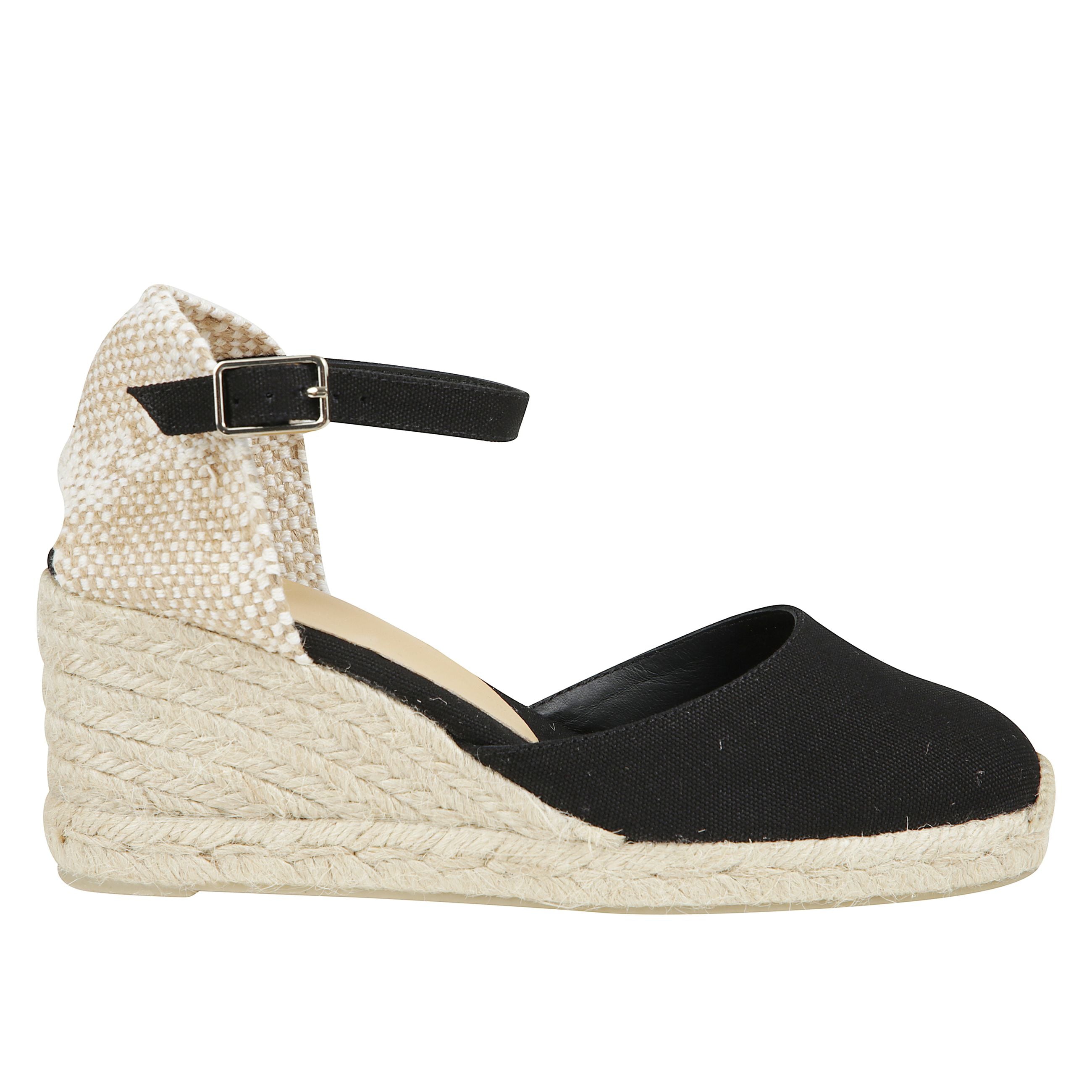 Espadrilla carol in cotone organico con chiusura a cinturino, soletta imbottita e zeppa in juta di 7 cm.