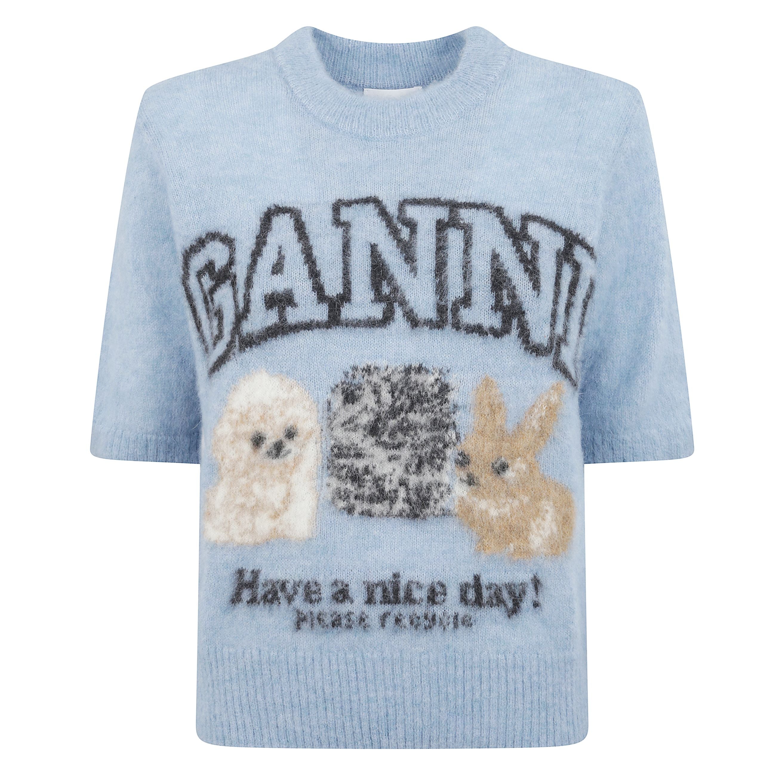 Maglia a maniche corte in lana. scollo a girocollo. fantasia grafica con animali e firma ganni sul petto.