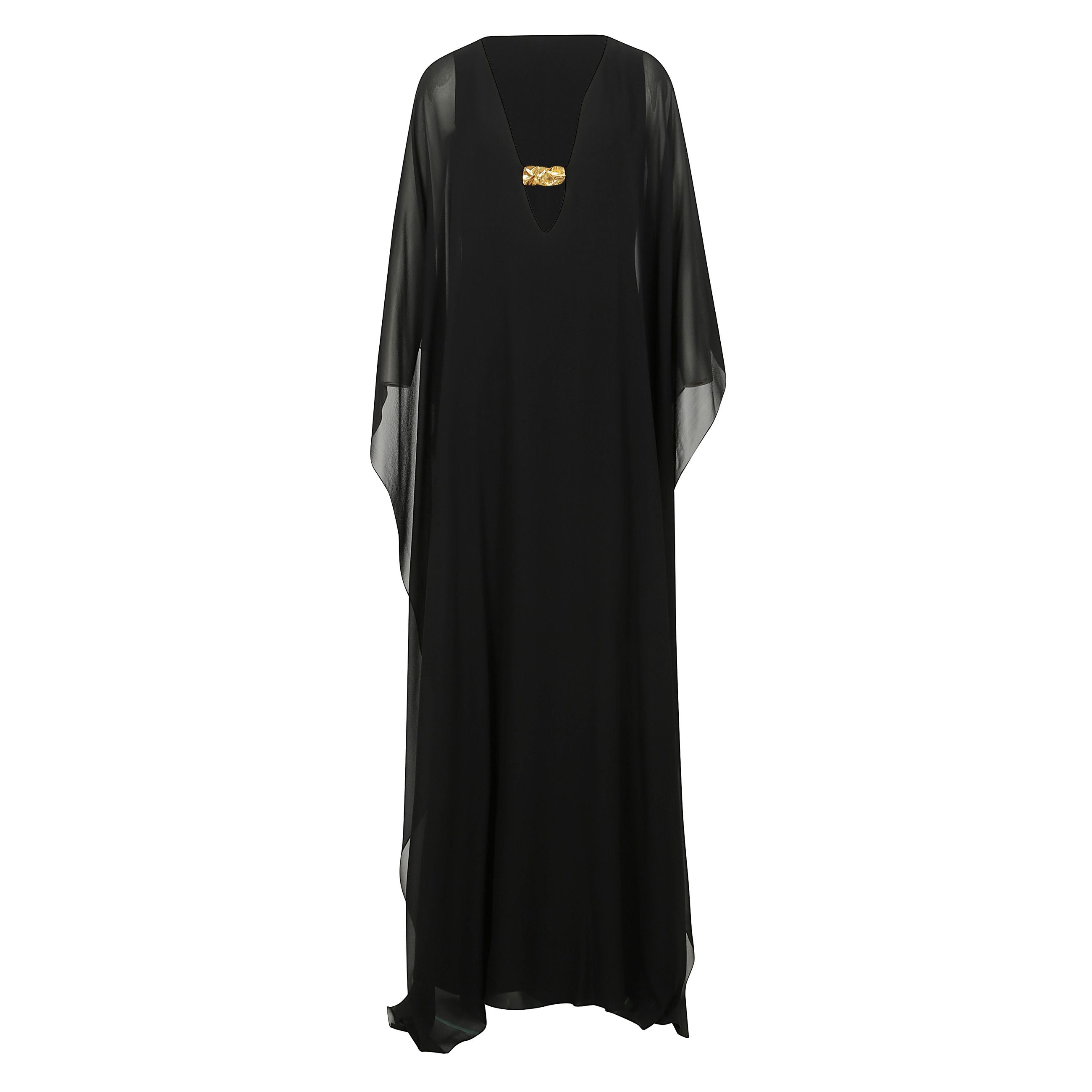 Abito lungo kaftano in 100% seta con scollo profondo a v e dettaglio in metallo oro.
