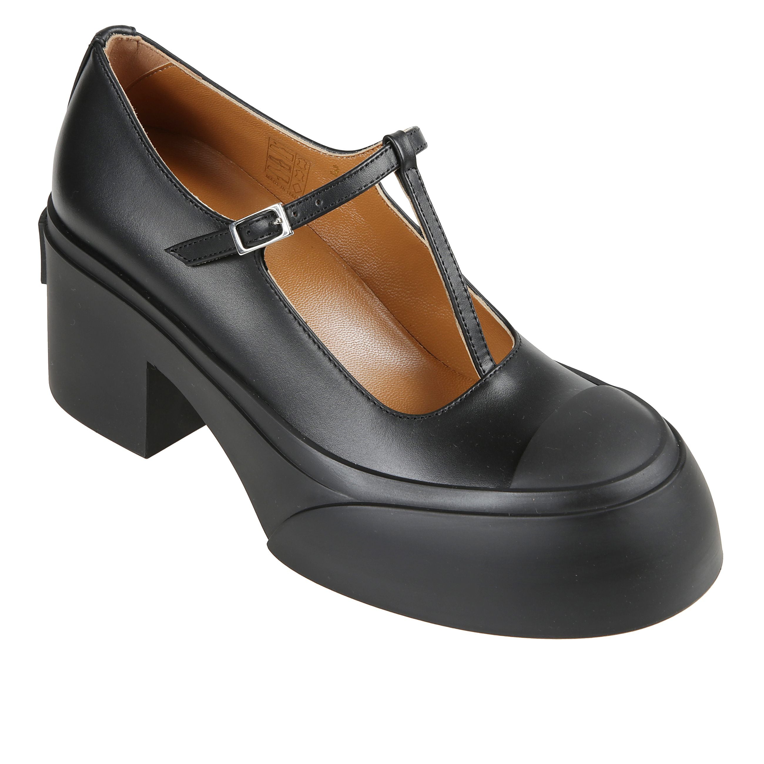 Pumps a punta rotonda in pelle di vitello con cinturino a t 70mm e logo sul tallone.