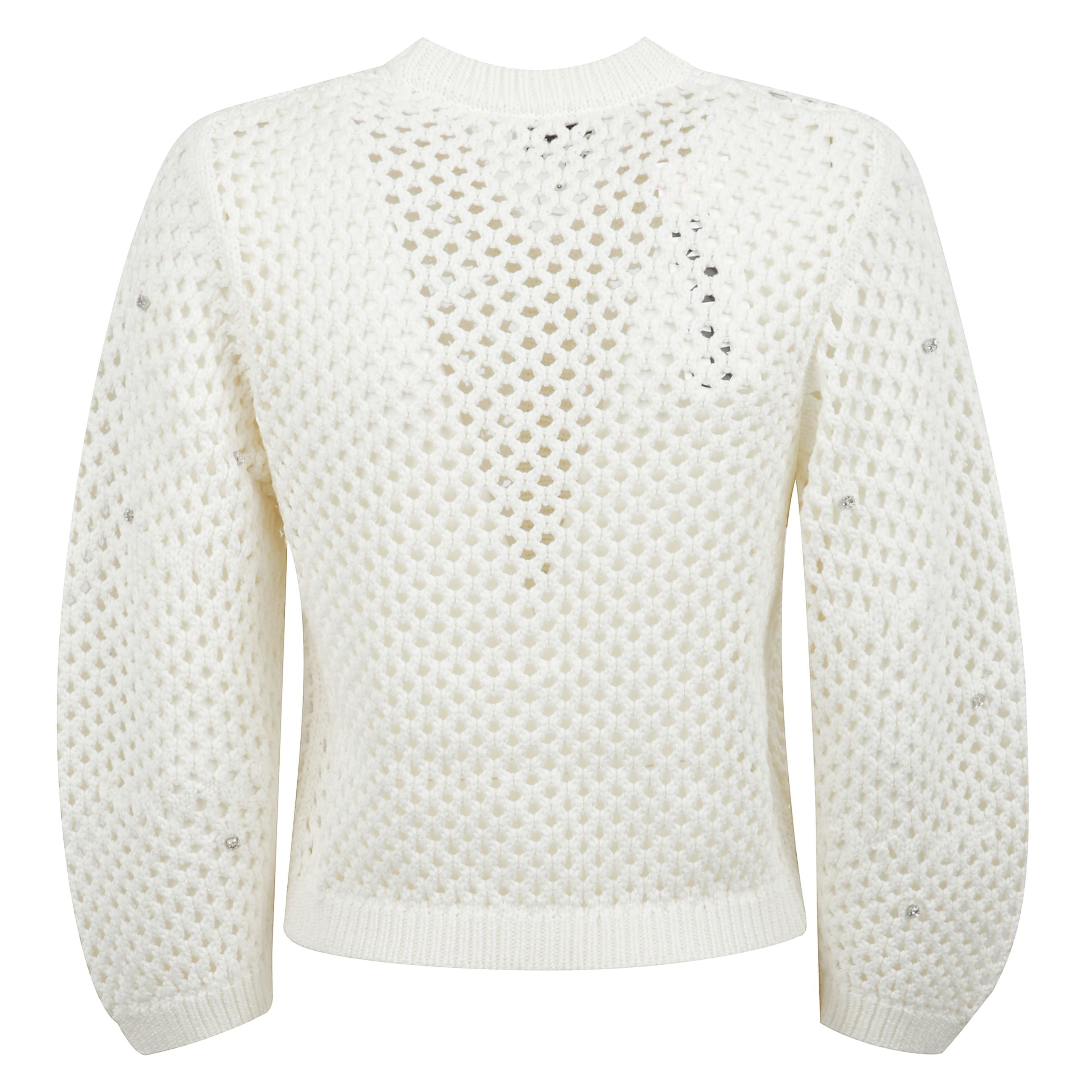 Cardigan in cotone traforato con strass color bianco sporco presenta uno scollo a v, una chiusura con bottoni sul davanti e dettagli in strass.