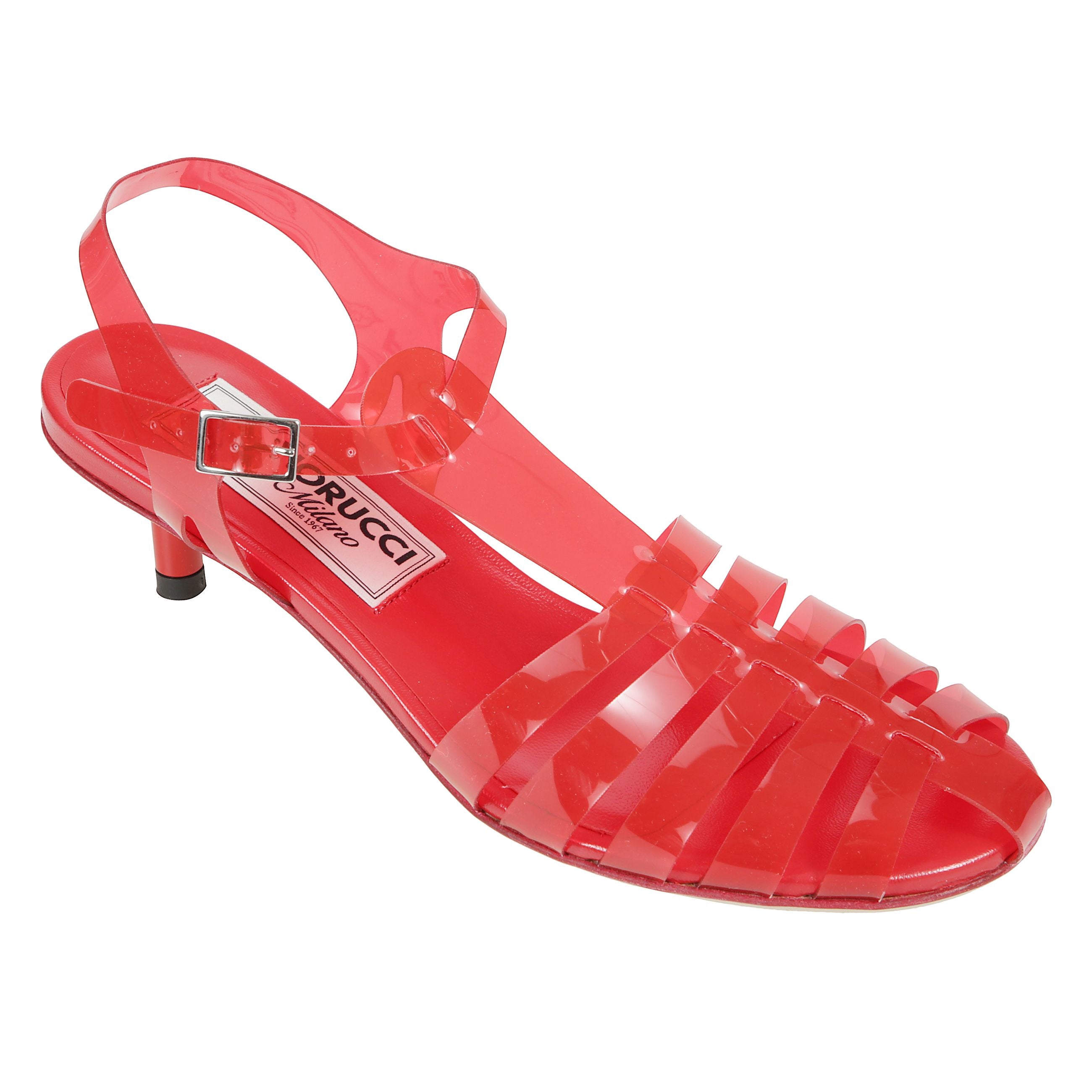 Sandali con tacco dal design a gabbia con cinturino alla caviglia e fibbia, soletta in pelle con marchio.