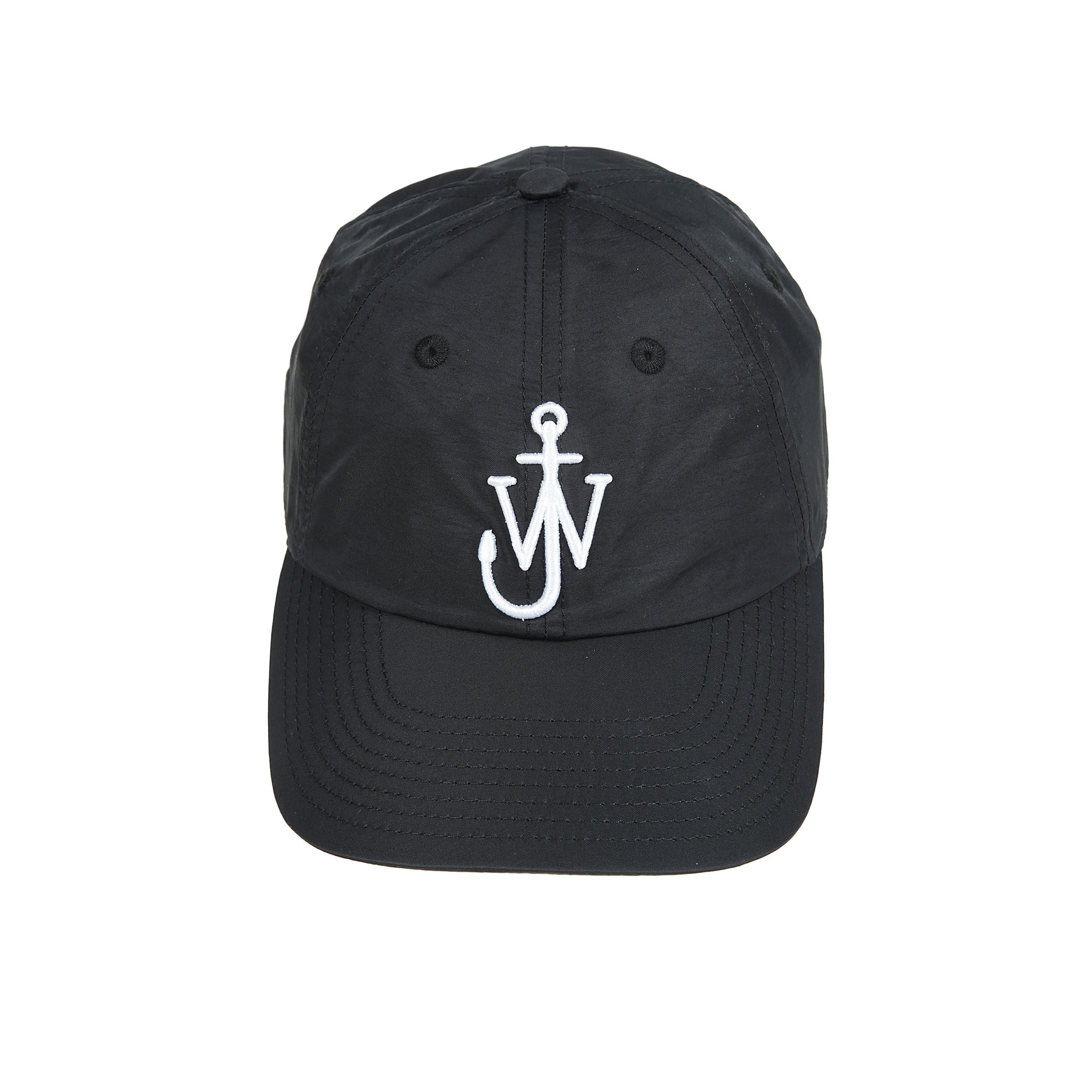 Cappello con visiera rigida jw anderson e logo ricamato a contrasto, ha cinturino regolabile posteriore.