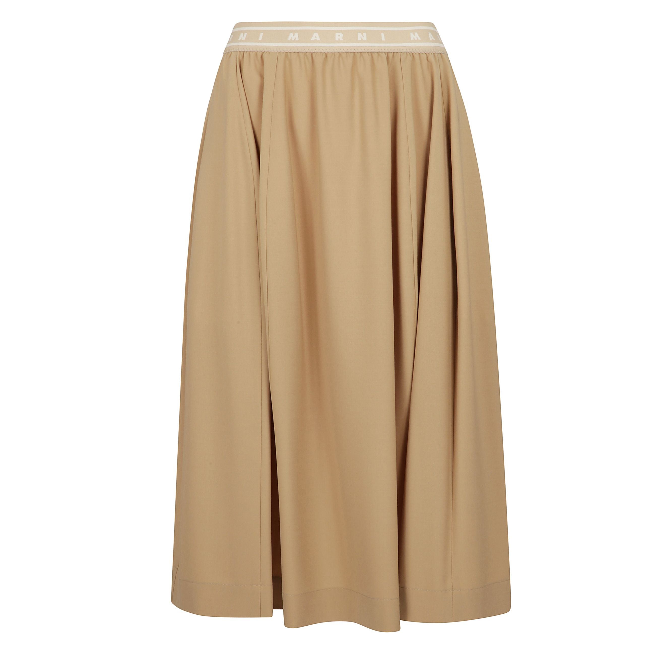 Gonna a ruota midi con banda logo beige e misto lana vergine a vita elasticizzata con logo