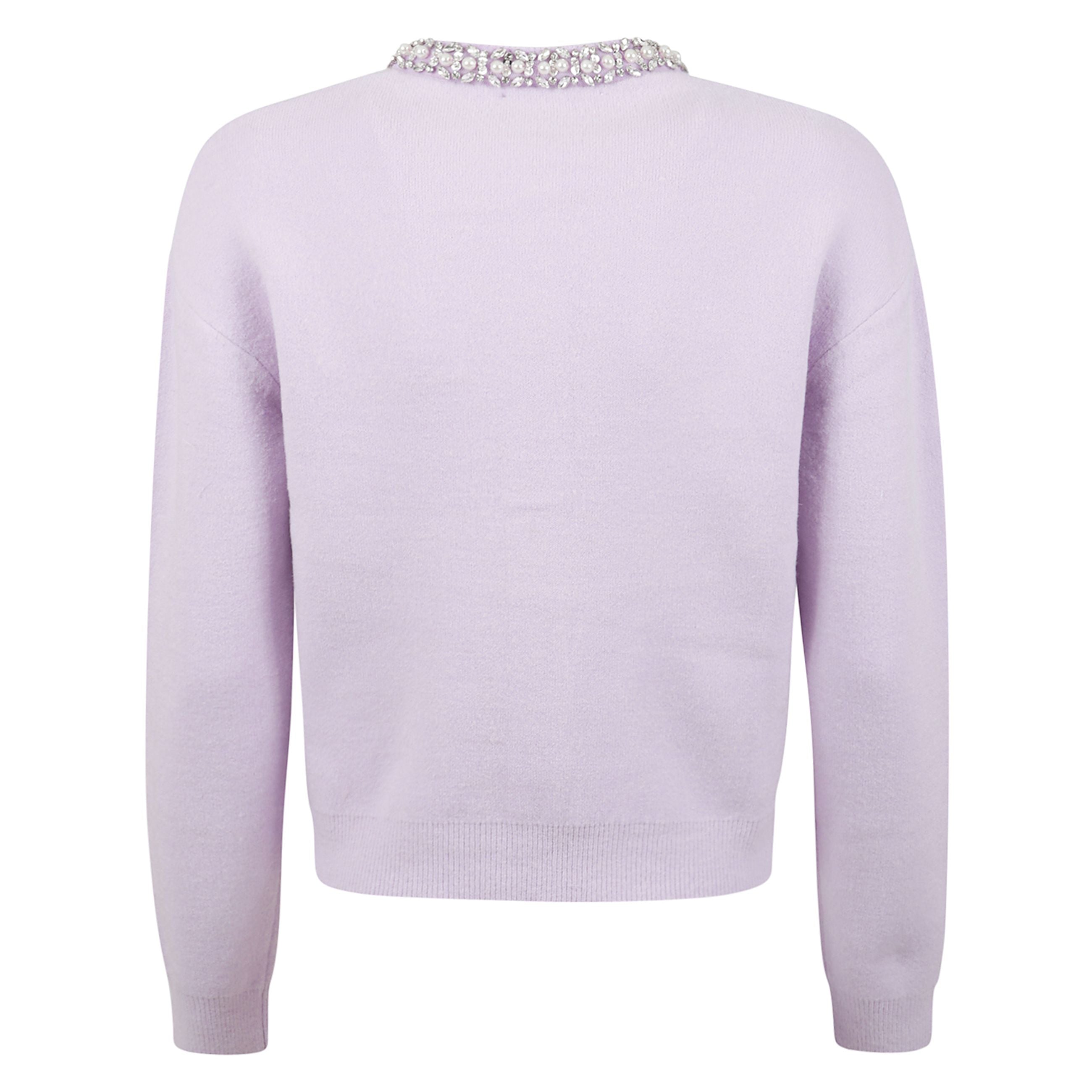 Cardigan elegante con scollo a giro con finiture in cristallo e decorazione in cristallo sul petto. chiusura frontale con cinque bottoni gioiello. maniche lunghe con polsini e orlo elasticizzati.