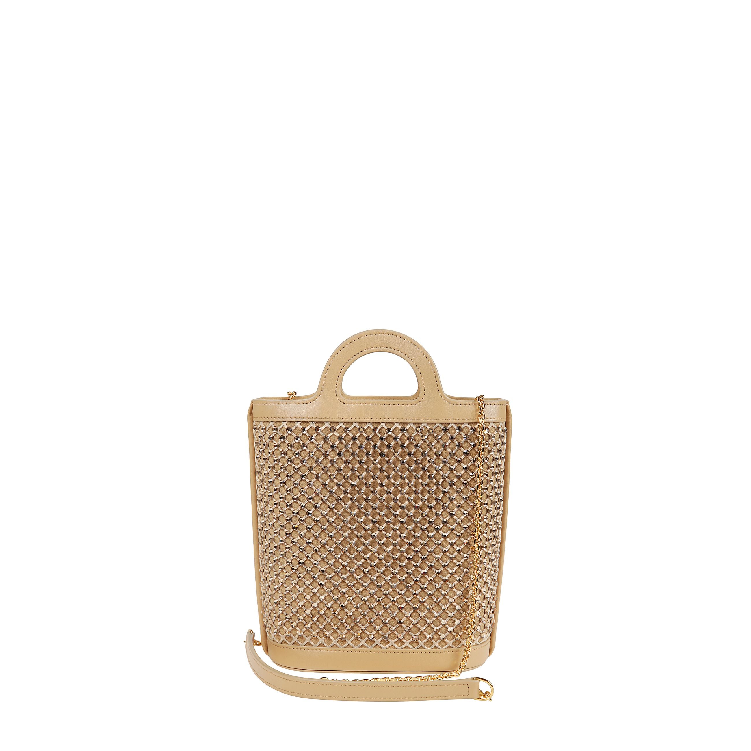 Borsa tote con stampa logo frontale e decorazione ha due manici piatti e tracolla in pelle con catena