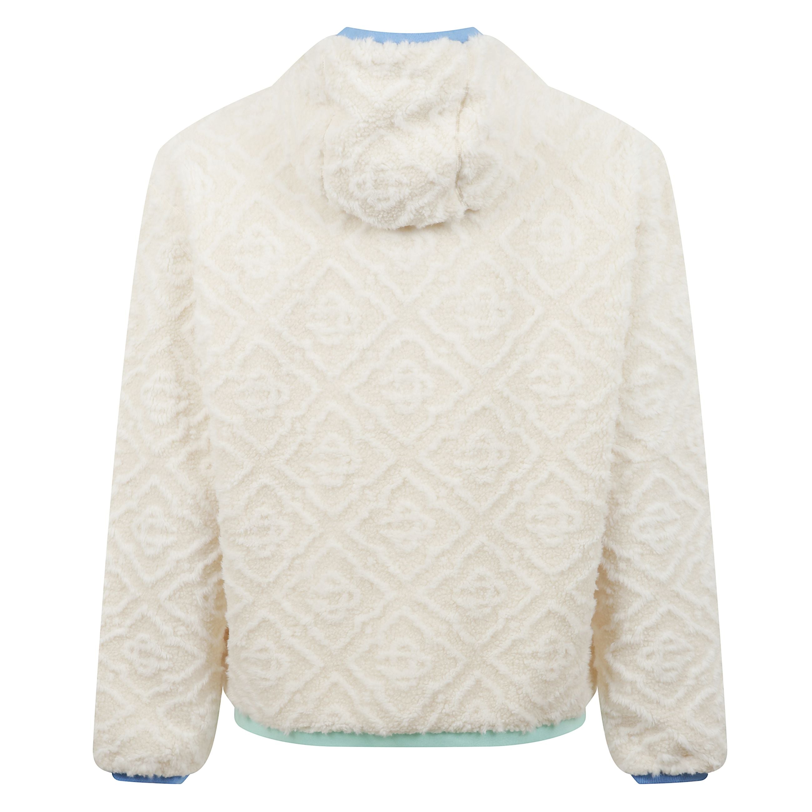 Giacca casablanca in pile con cappuccio foderato. chiusura frontale a zip con pendaglio logo. orli a contrasto.