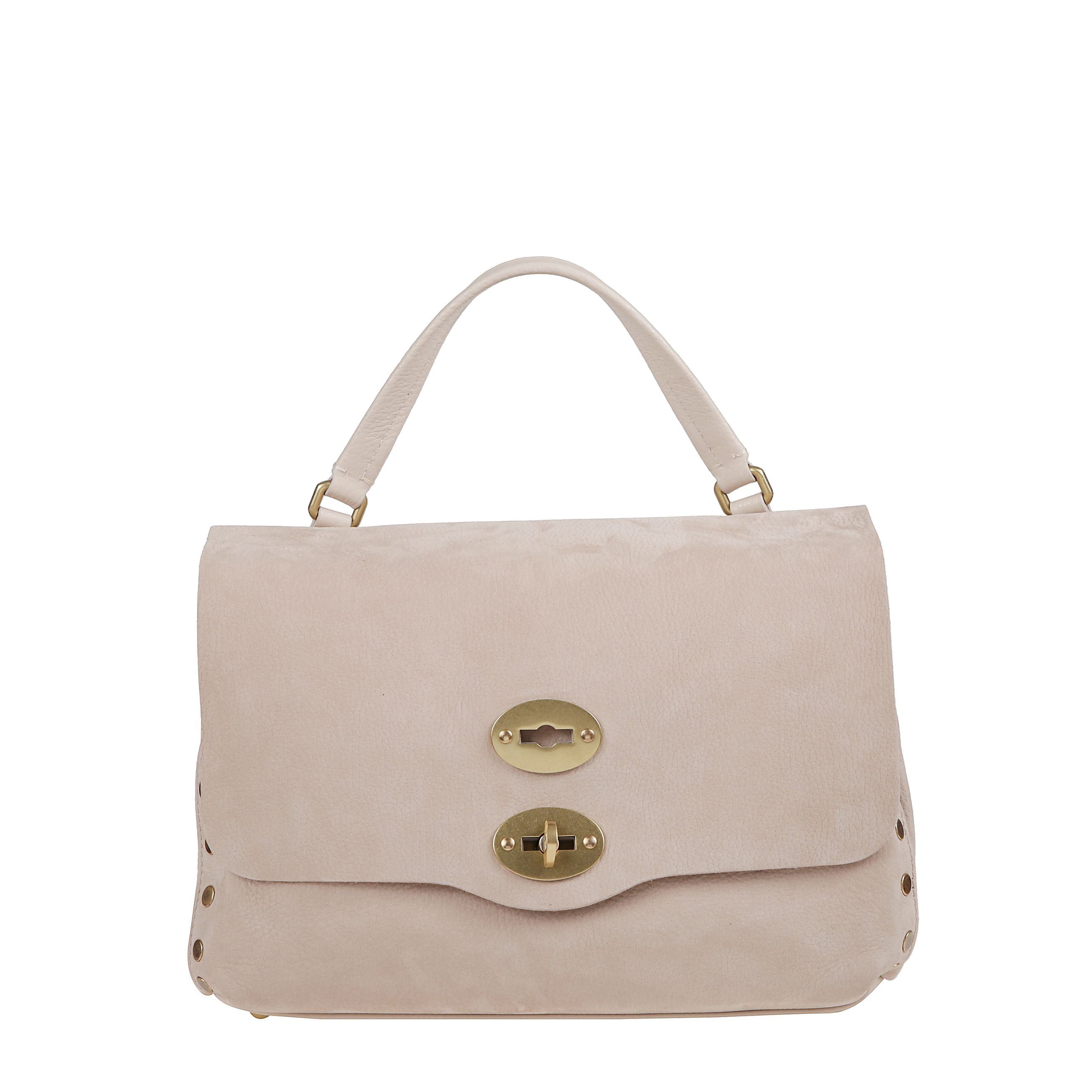 Borsa postina jones di zanellato in beige malva. doppio scompartimento interno, manico e tracolla regolabile e removibile. chiusura con patta e girello.