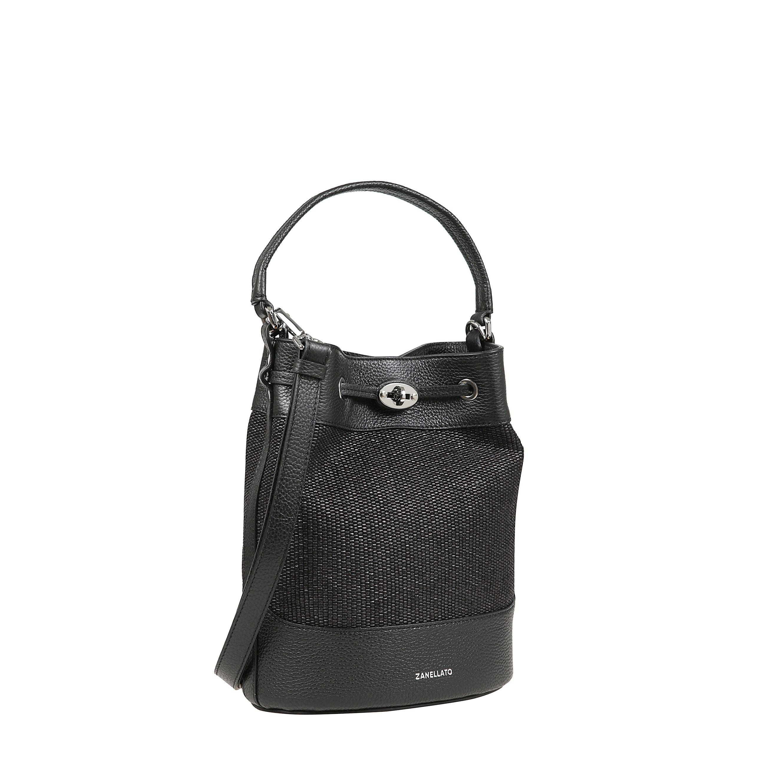 Borsa a secchiello con manico superiore e tracolla, chiusura a coulisse e dettaglio girello