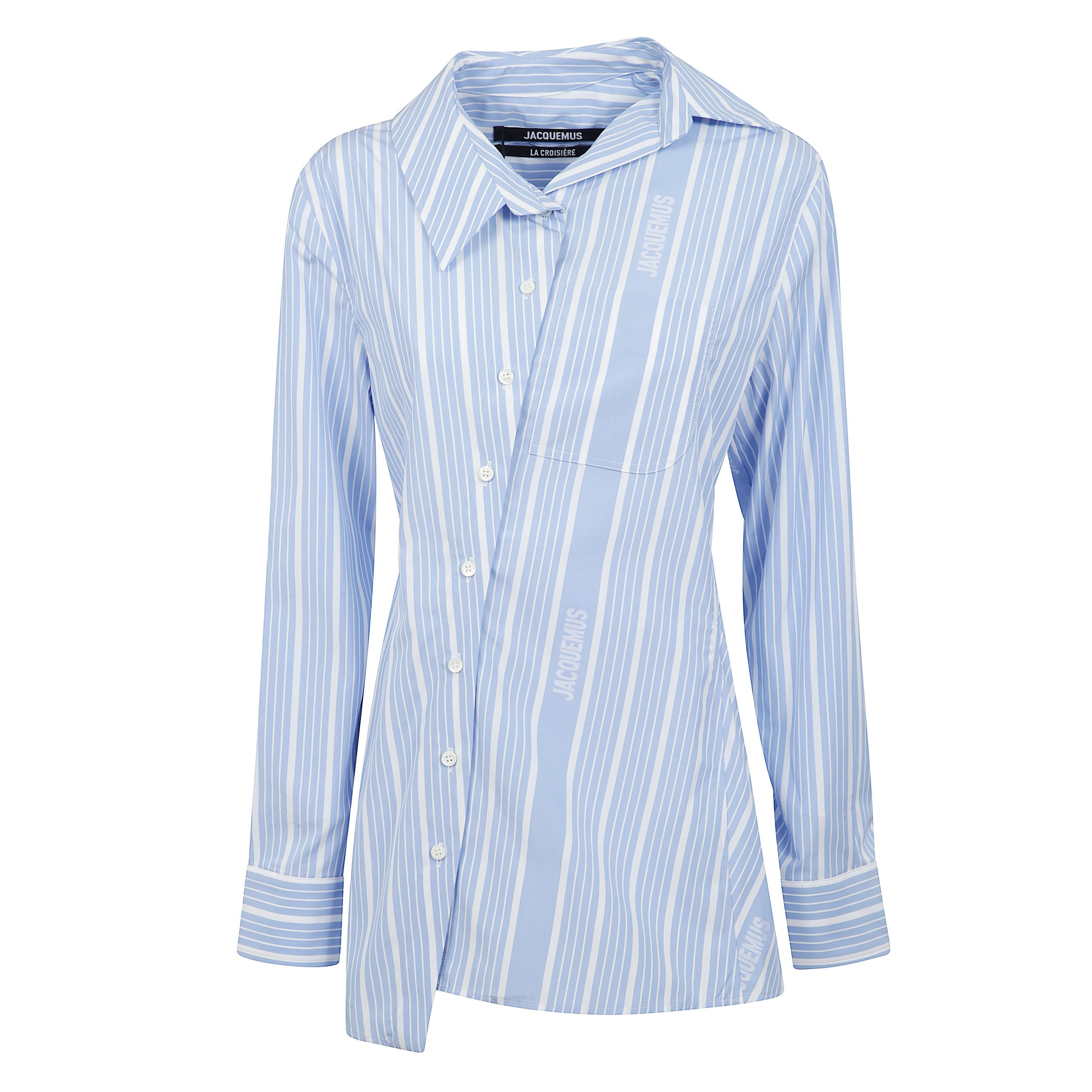 La camicia di jacquemus a righe senza schienale con taglio aderente in cotone e colletto a punta. tasca asimmetrica a "j" sul petto.