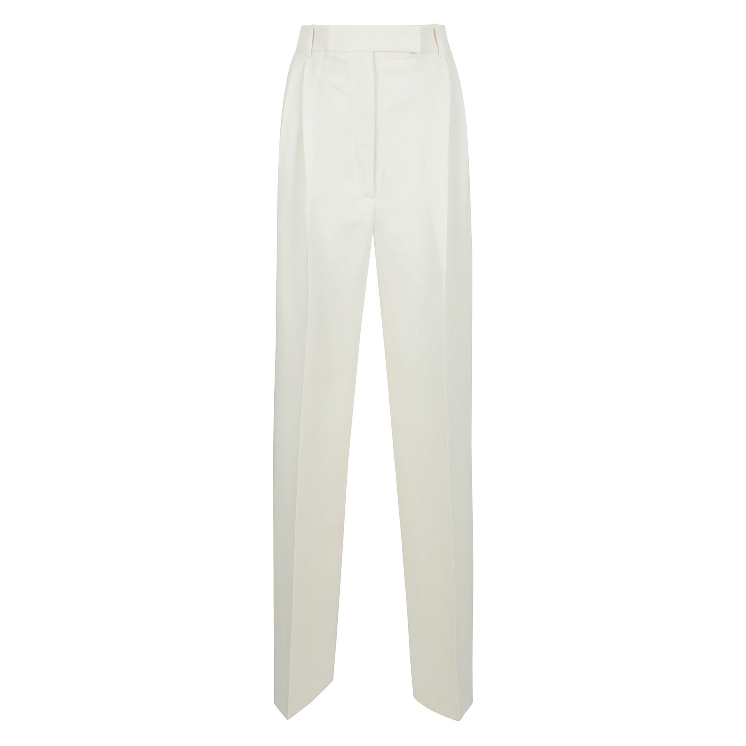 Pantaloni palazzo con pinces tono su tono, chiusura con doppio perno e zip nascosta da patta, quattro tasche