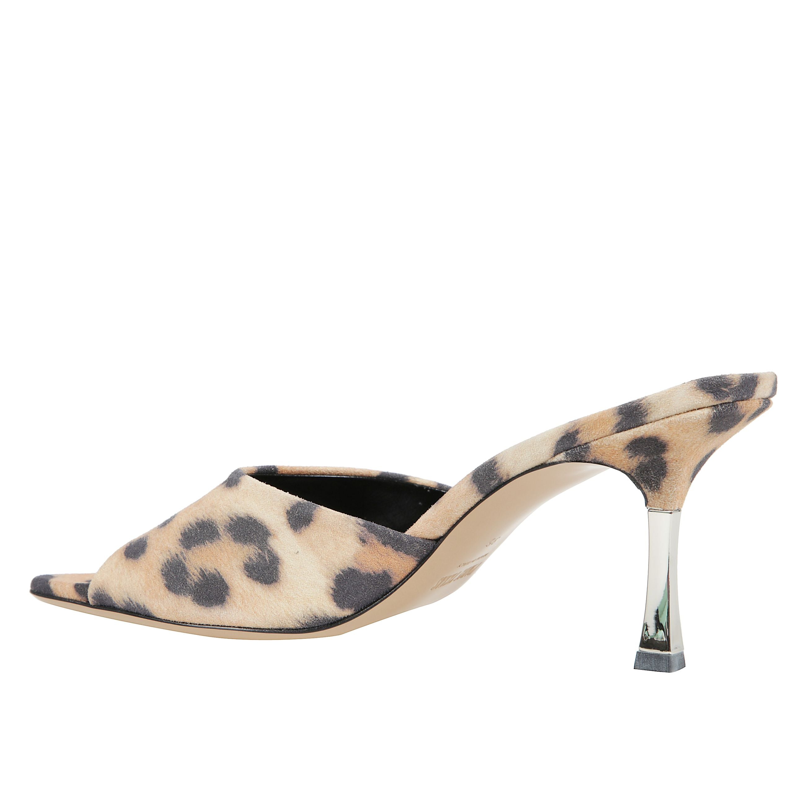 Lorena mule 75 
mules con punta squadrata aperta, soletta in pelle con logo e stampa leopardo all-over