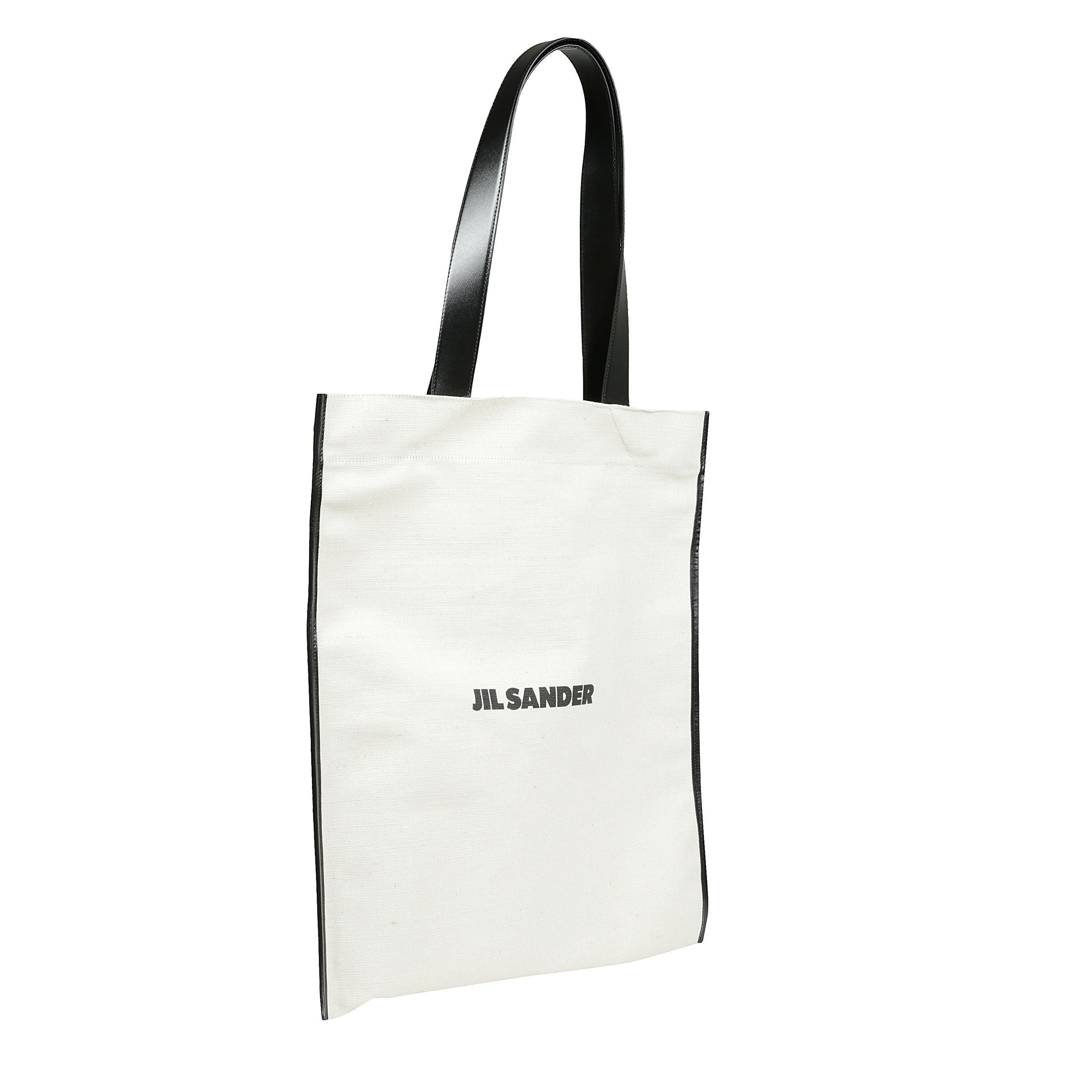 Borsa shopper media in misto cotone beige e nero con design rettangolare, ha due manici in pelle sulla parte superiore, una 
tasca interna in pelle con lo scomparto interno per banconote
in tela in lino e cotone, stampa logo sul davanti.