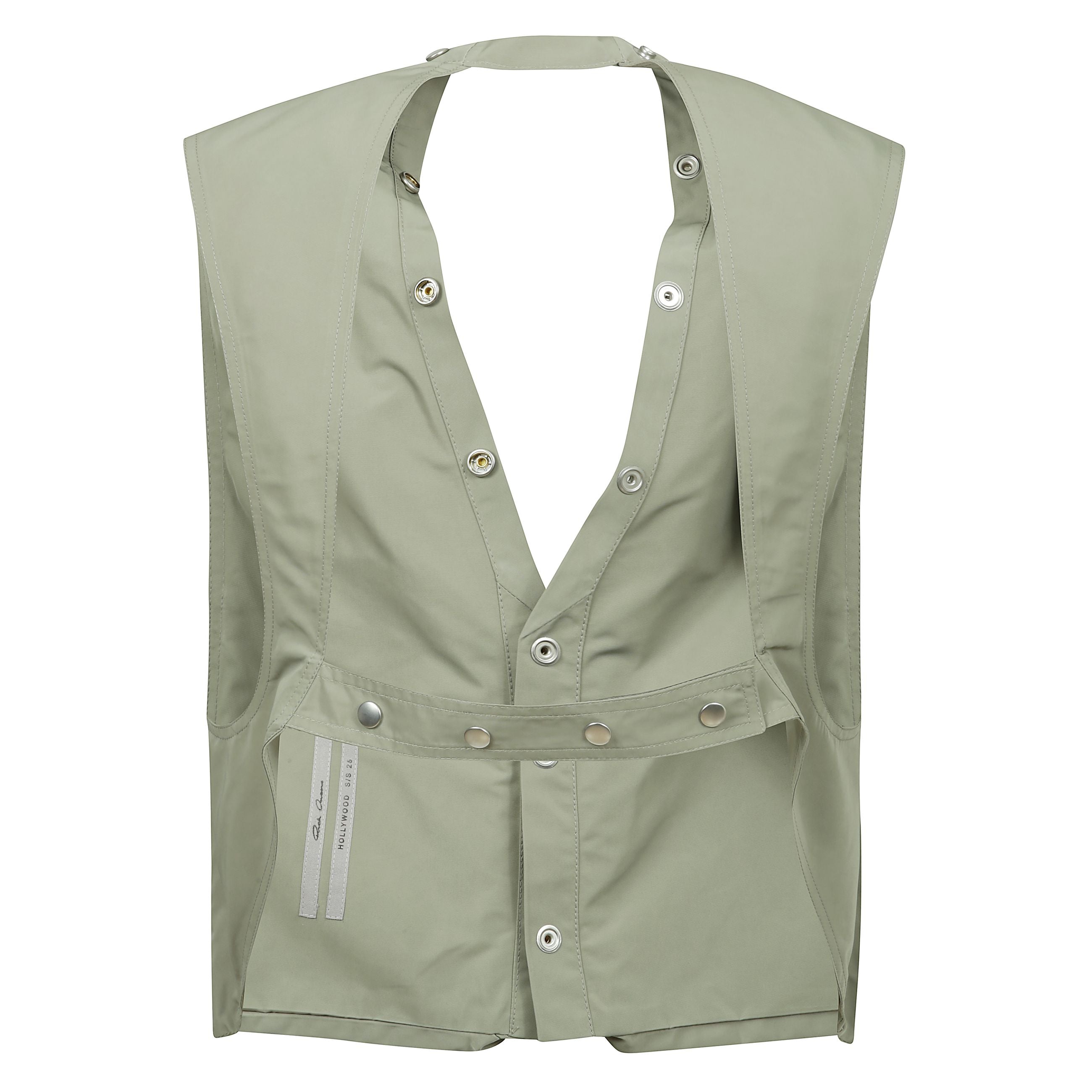 Gilet cargo in celadon tech faille da rick owens ss25 hollywood. questo gilet cargo Ã¨ sopra di anca-lunghezza e senza maniche. ha un profondo scollo a v con quattro chiusure a scatto visibili funzionali, e scatti che continuano intorno al centro del coll