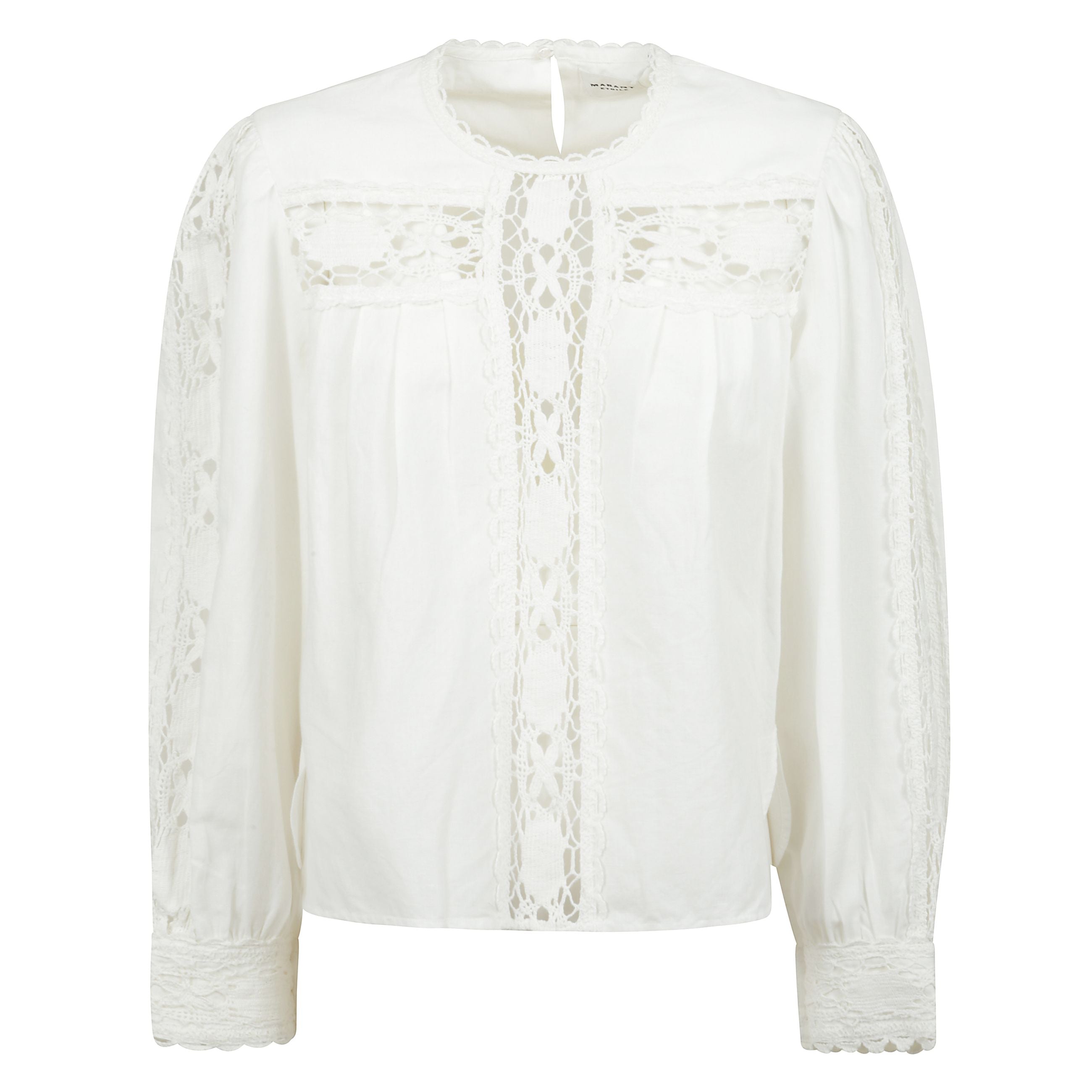 Valmira-ga blusa realizzata in lino e cotone color bianco con inserti in pizzo. caratterizzata da scollatura a giro, chiusura con bottone dietro al collo, plissettatura sul davanti, maniche lunghe con polsini abbottonati e fondo arrotondato con piccoli sp