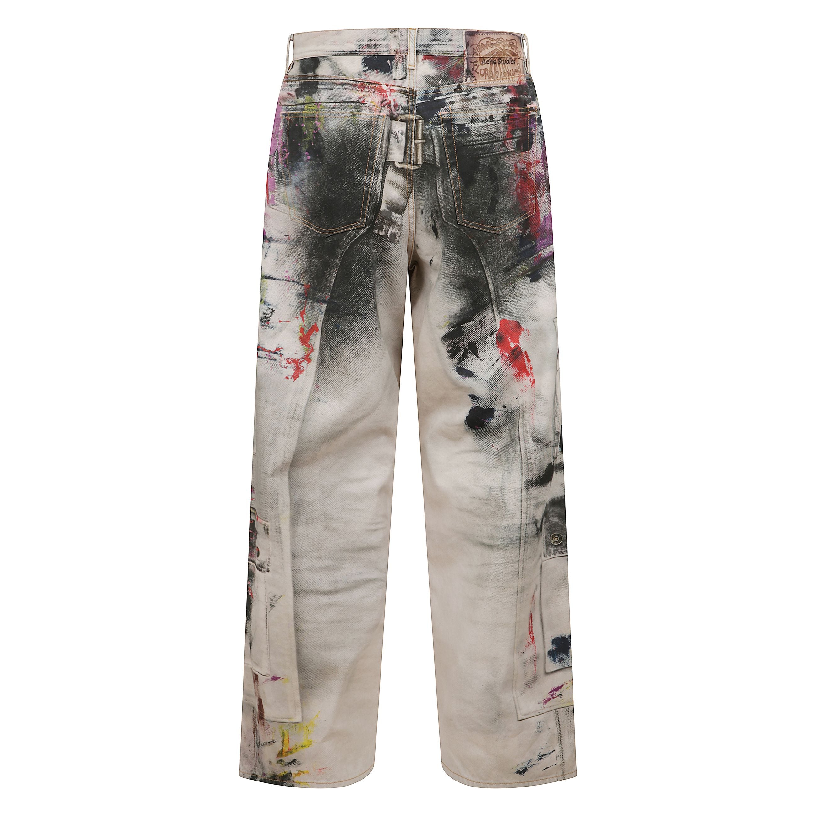 Jeans in tela di cotone con vestibilitÃ  ampia e vita bassa/media. gamba larga e taglio lungo. stampa trompe lâoeil effetto dipinto. modello a cinque tasche. chiusura frontale con bottoni.