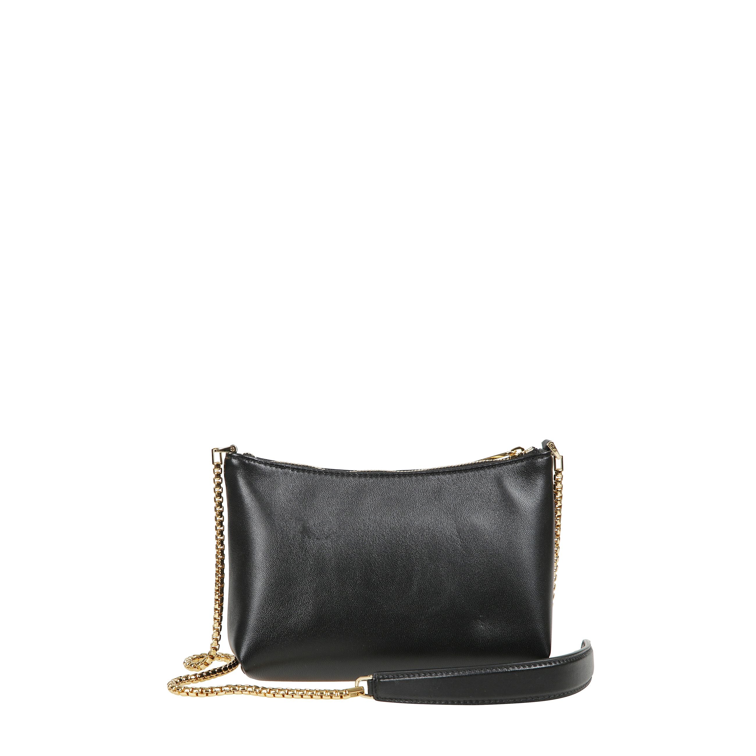 Mini borsa a tracolla nera, con manico in pelle e tracolla con catena in metallo.
