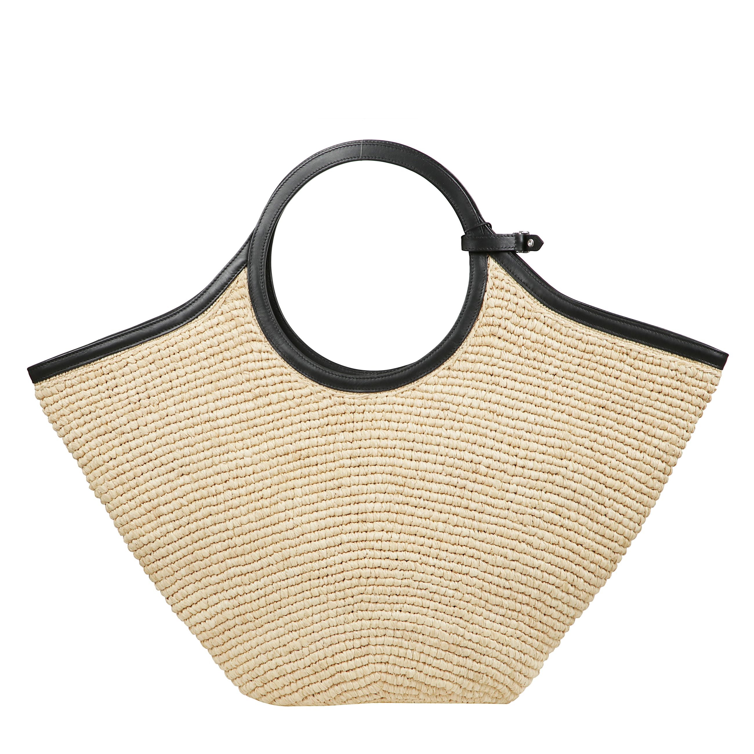 Borsa maxi holy in rafia aperta in alto con maniglie superiori circolari
rifinite in pelle.