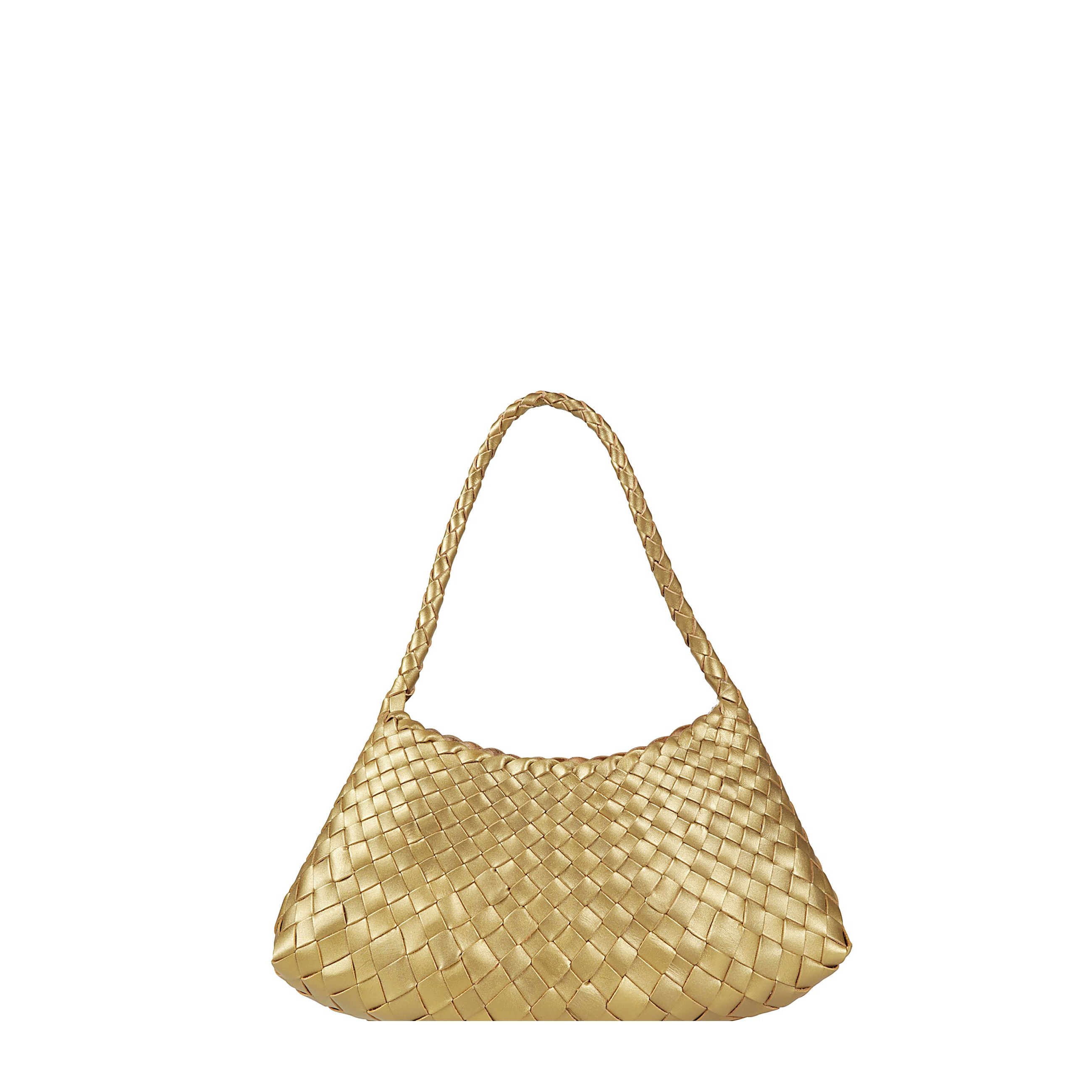 Rosanna mini di dragon diffusion. borsa a spalla con corpo a baguette. design in pelle intrecciata a mano. manici superiori in pelle intrecciata.