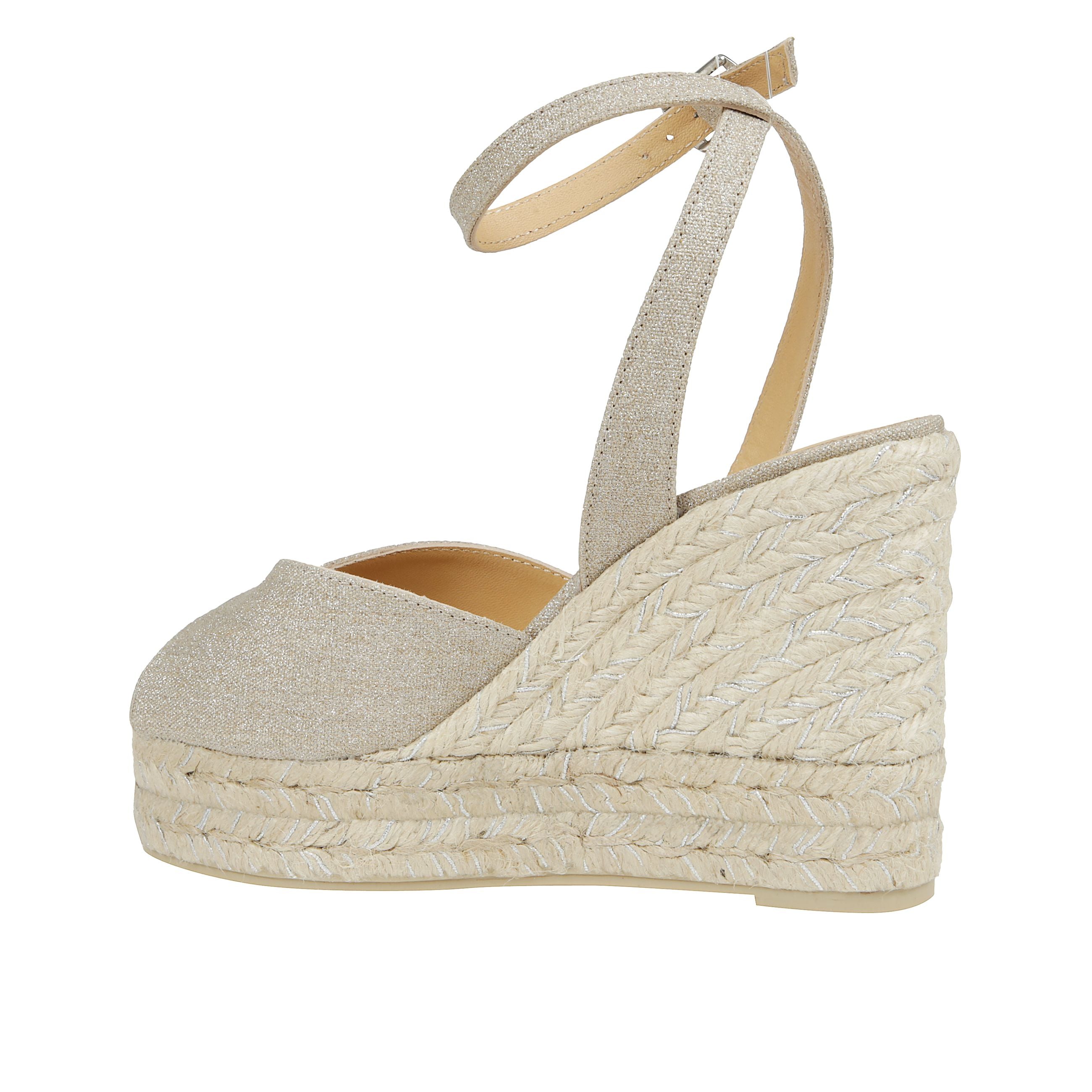 Sandalo blossom in lino metallizzato con chiusura a cinturino, scollo a v, soletta imbottita e zeppa in juta di 11 cm con doppio plateau.