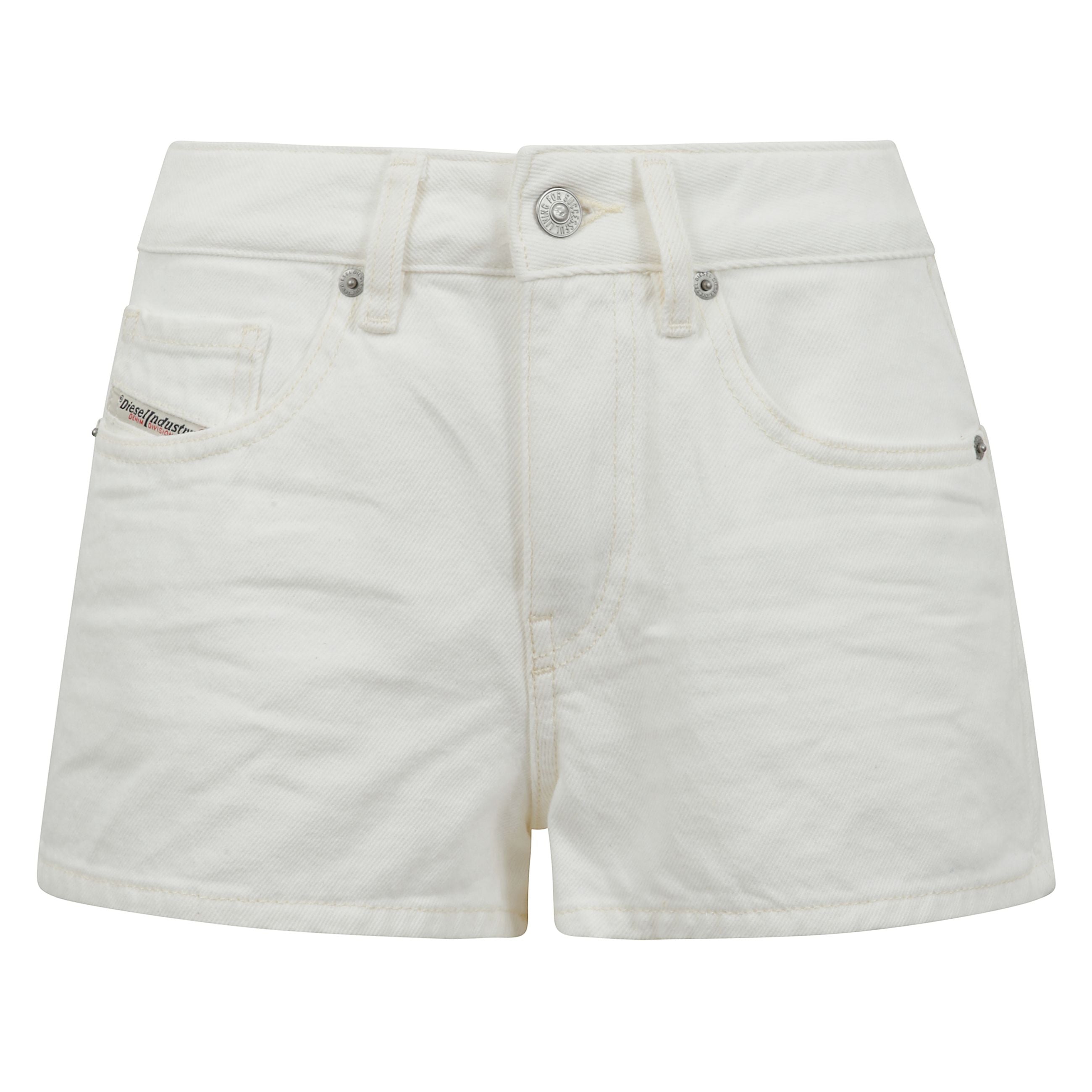 Shorts diesel in denim di cotone. modello a vita alta e chiusura a bottone e cerniera. tre tasche laterali a filetto davanti. due tasche laterali a filetto sul fondo.