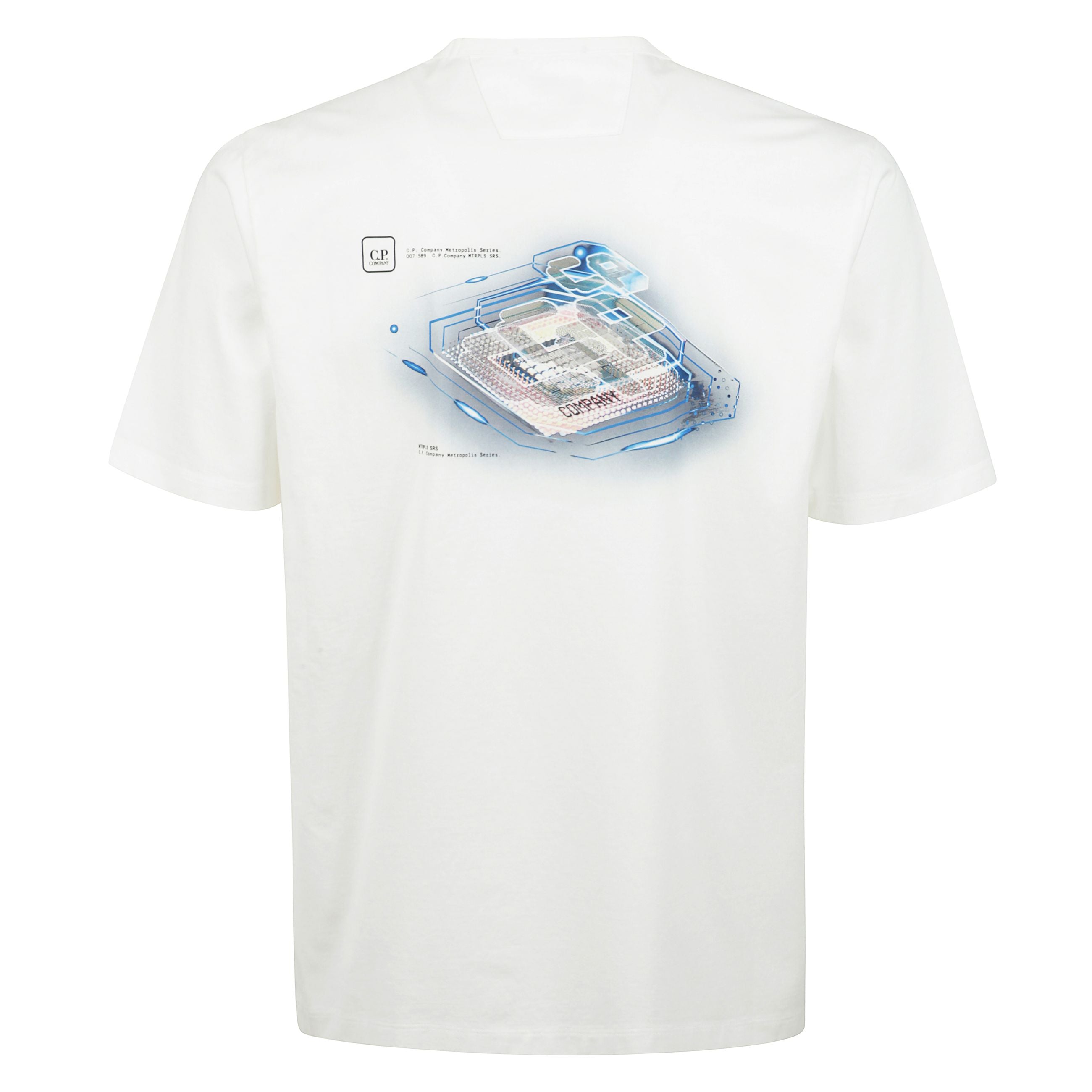 Realizzata in morbido cotone biologico, questa t-shirt firmata c.p. company unisce minimalismo e innovazione. il design essenziale del fronte, arricchito dal logo distintivo, Ã¨ perfetto per un'eleganza discreta e sofisticata. sul retro, una stampa futuri