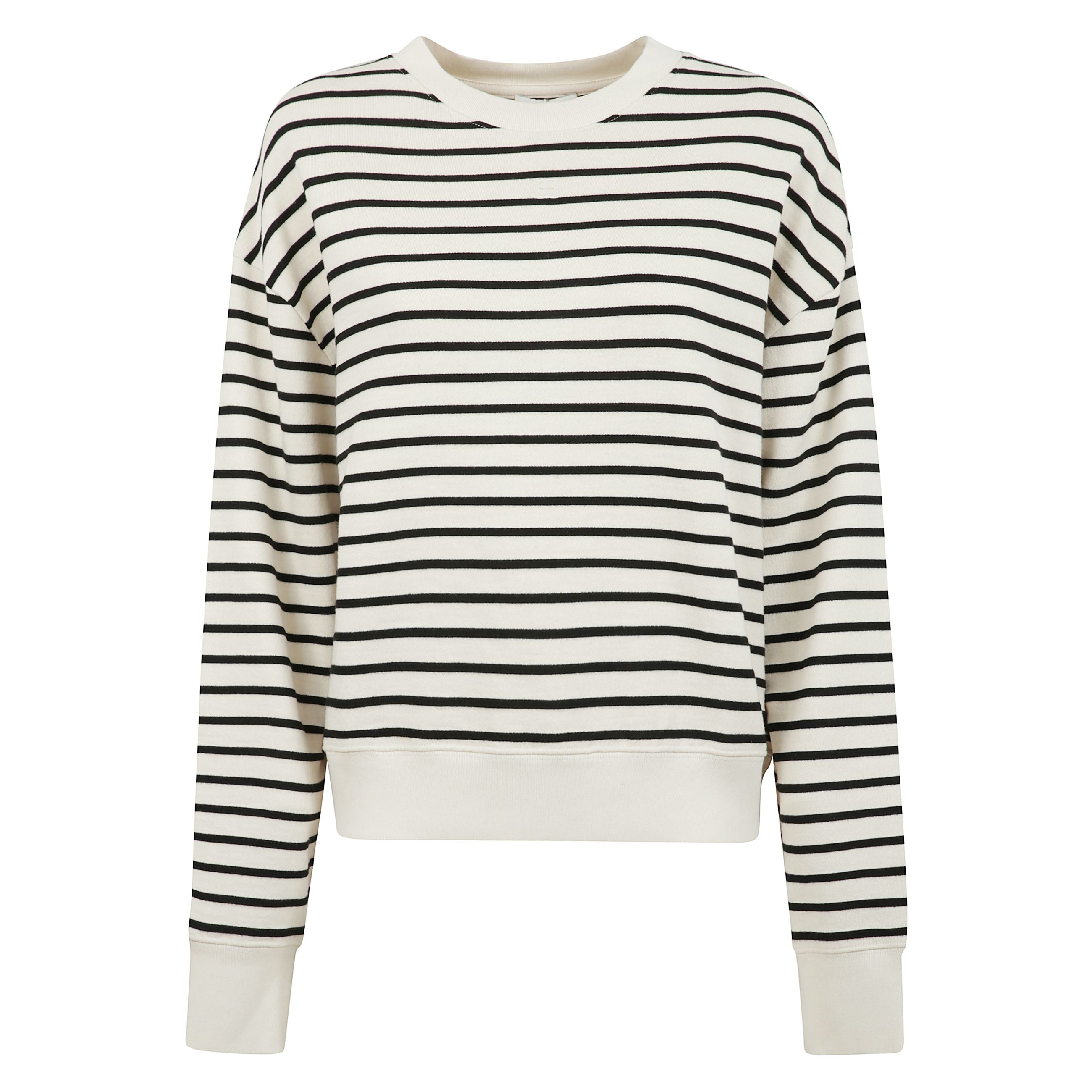 Pullover in morbido cotone dall'elevato comfort e durabilitÃ . il design a righe sottili nere orrizzontali su base crema distingue un'eleganza essenziale, esaltata da una silhouette leggermente oversize con spalle scese e finiture a costine. il logo con l