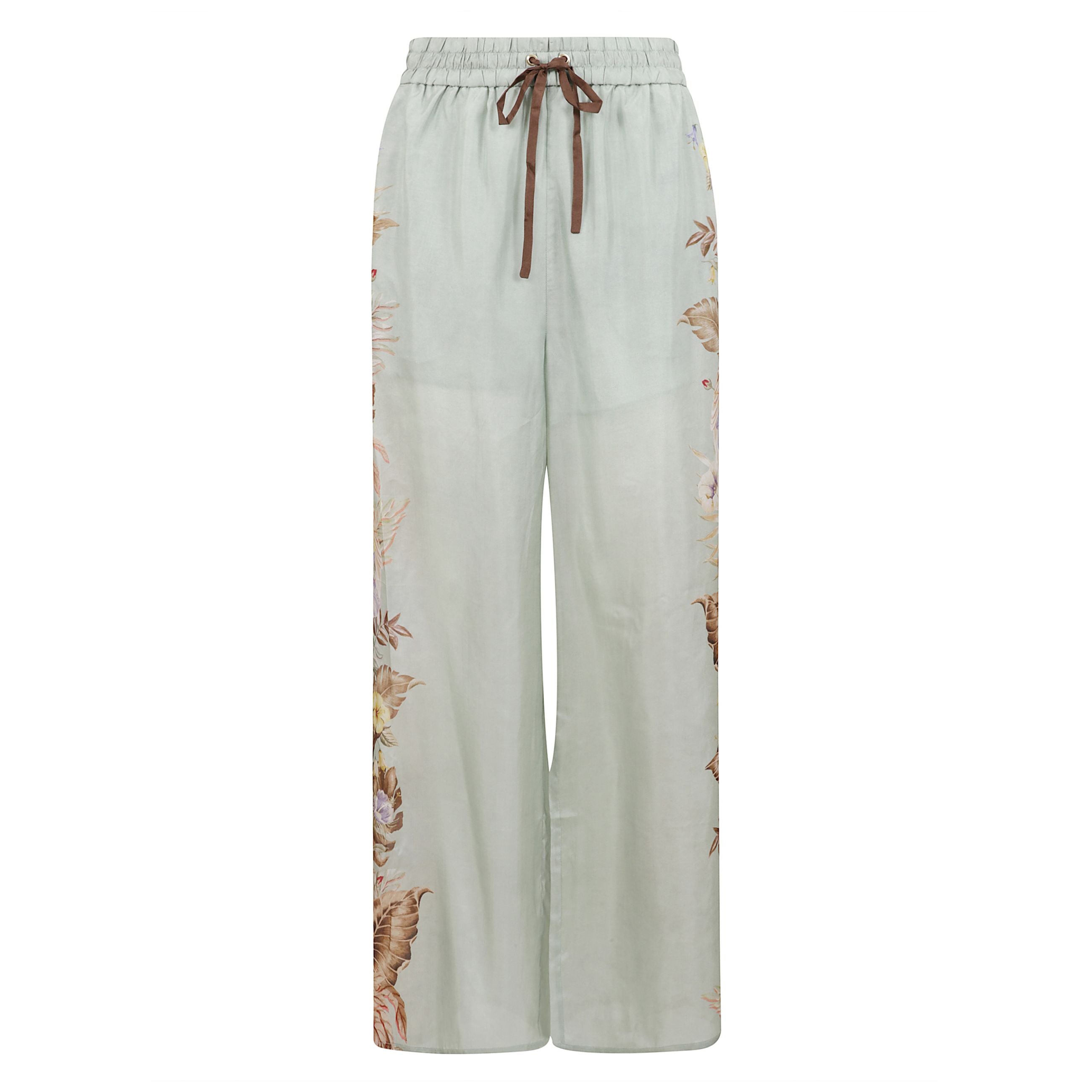 Pantaloni ampi dritti con vita a coulisse. stampa floreale lungo i lati. colore azzurro.