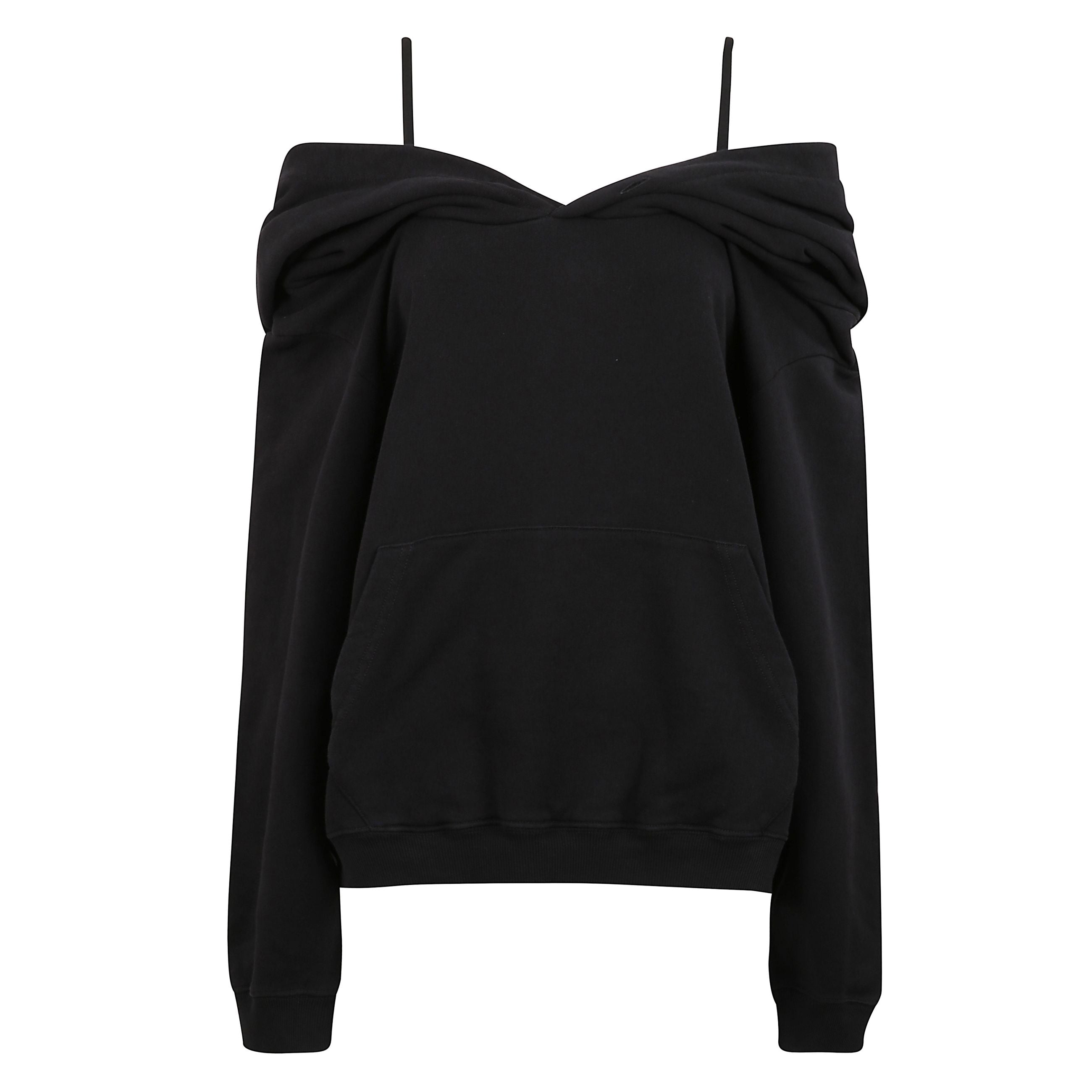 Felpa con cappuccio a tinta unita, in taglio oversize e spalle cadenti. tasca canguro sul davanti. spalline elasticizzate regolabili.