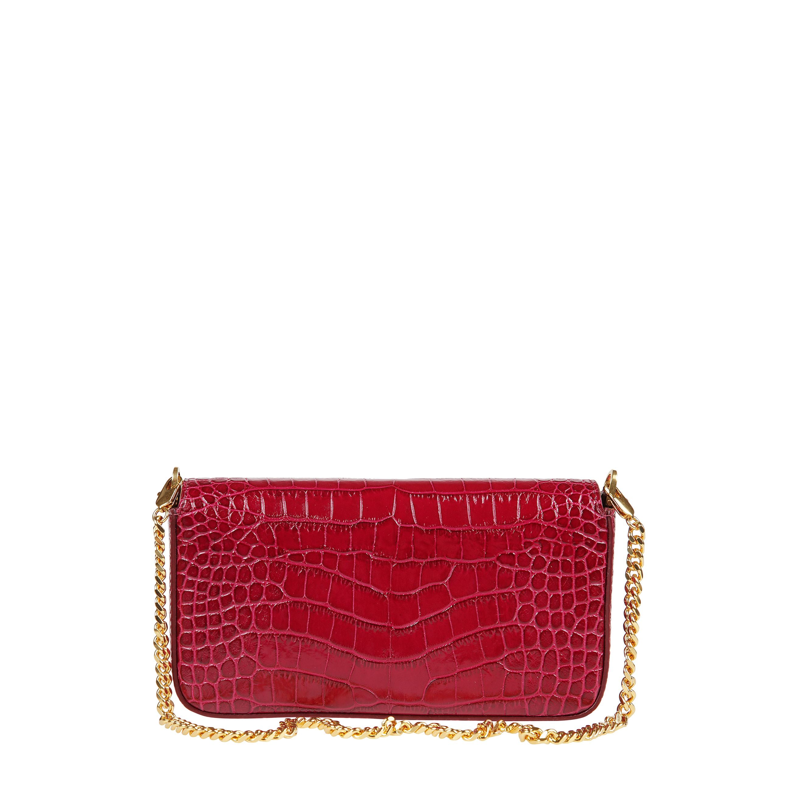 Borsa a tracolla in pelle di vitello lucida a stampa coccodrillo con patta superiore e chiusura a t in metallo con logo inciso