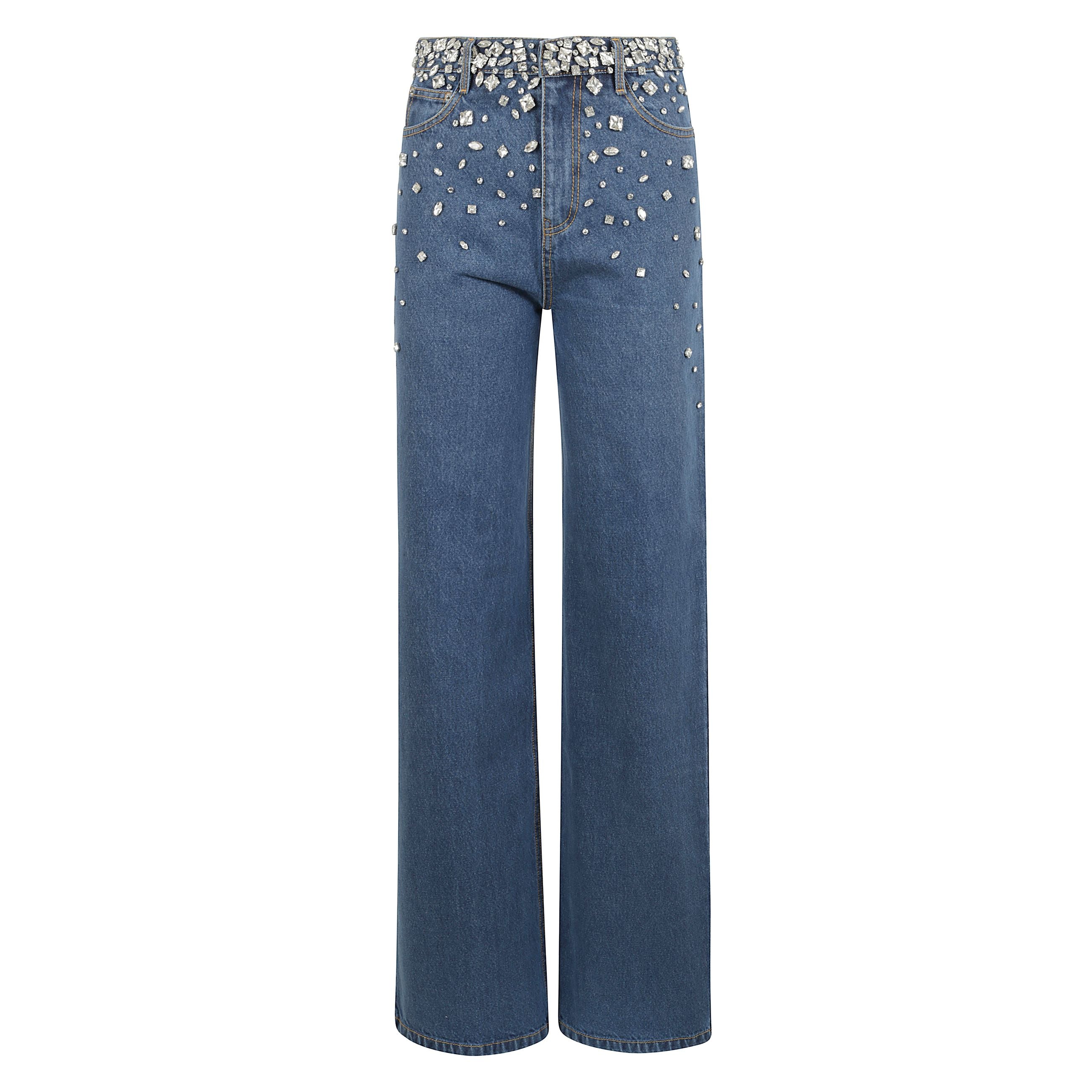 Jeans a gamba larga con decorazioni crystal.