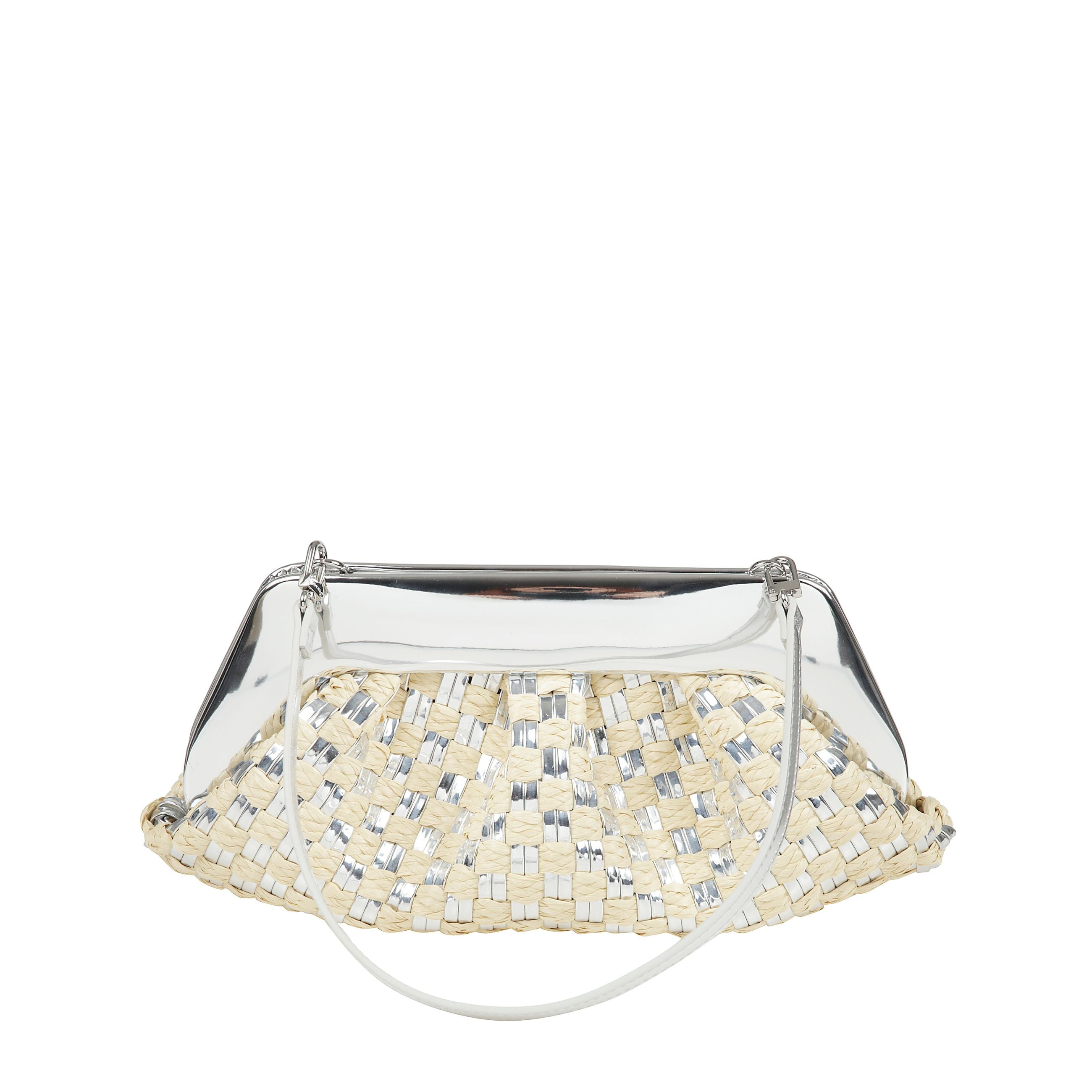 Borsa modello intrecciato all-over realizzata in pelle sintetica e paglia, manico on-top, chiusura magnetico nascosta e scomparto unico