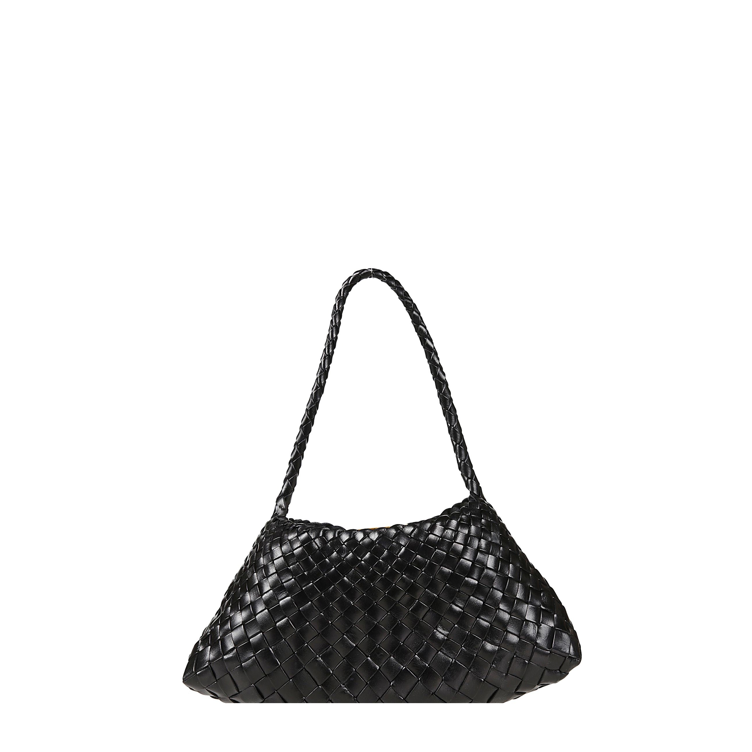 Rosanna mini di dragon diffusion. borsa a spalla con corpo a baguette. design in pelle intrecciata a mano. manici superiori in pelle intrecciata.