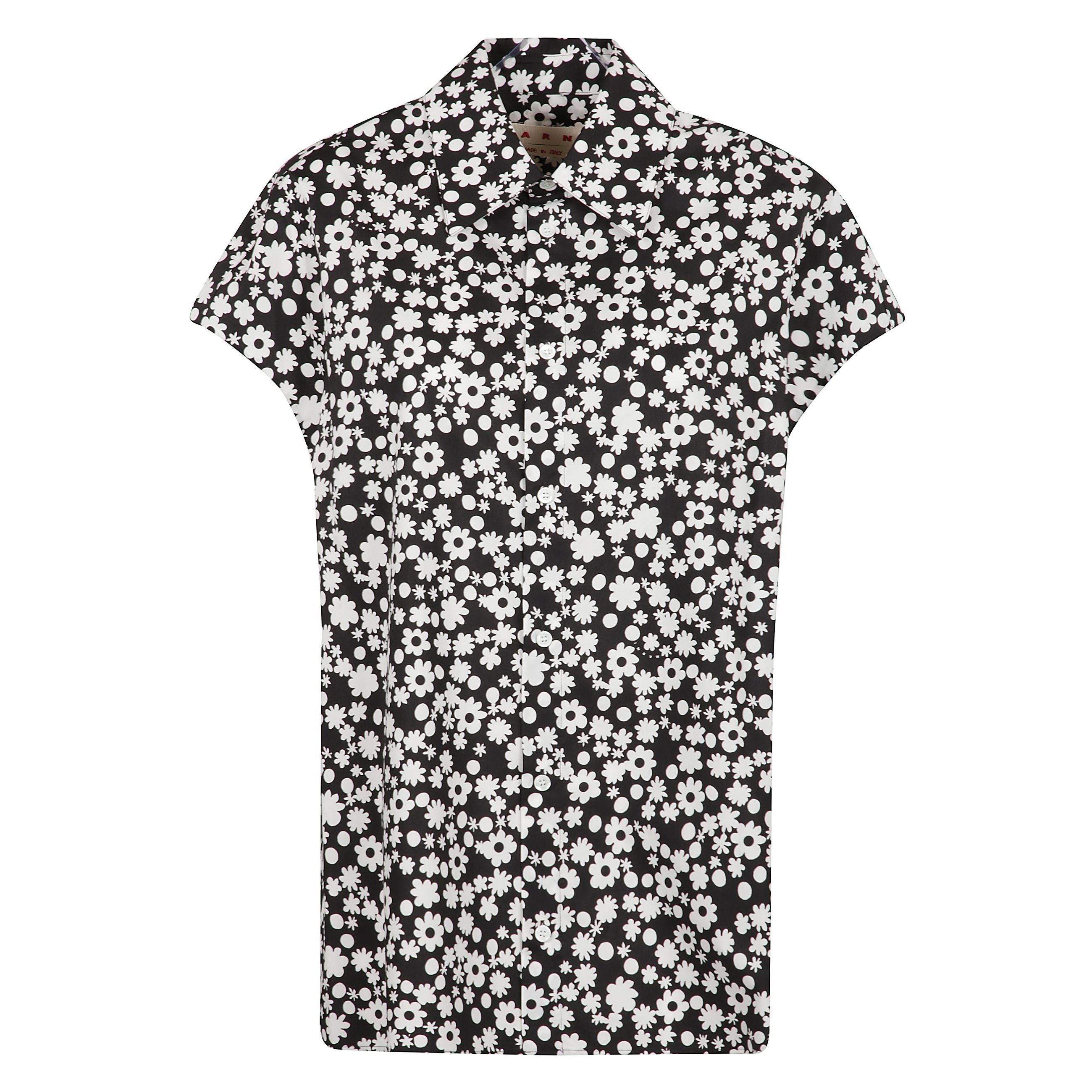 Camicia in cotone con stampa fiori all-over nero/bianco e chiusura frontale con abbottonatura