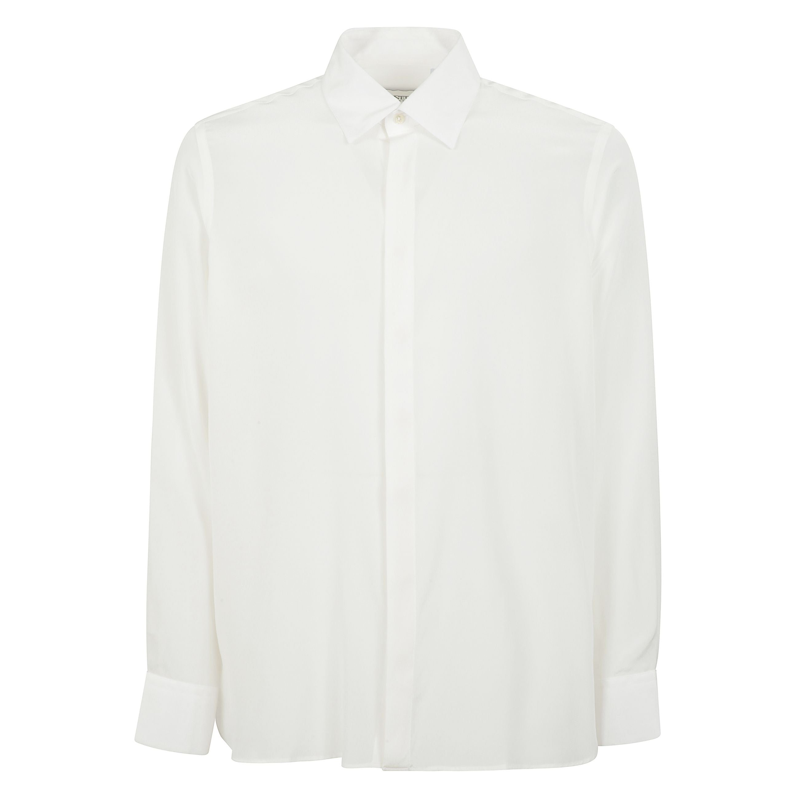 Camicia in seta crepe de chine camicia Ã¨ realizzata in crepe de chine di seta con finitura leggera e presenta una silhouette comoda a maniche lunghe, unâabbottonatura frontale nascosta da fessino e un colletto all'italiana